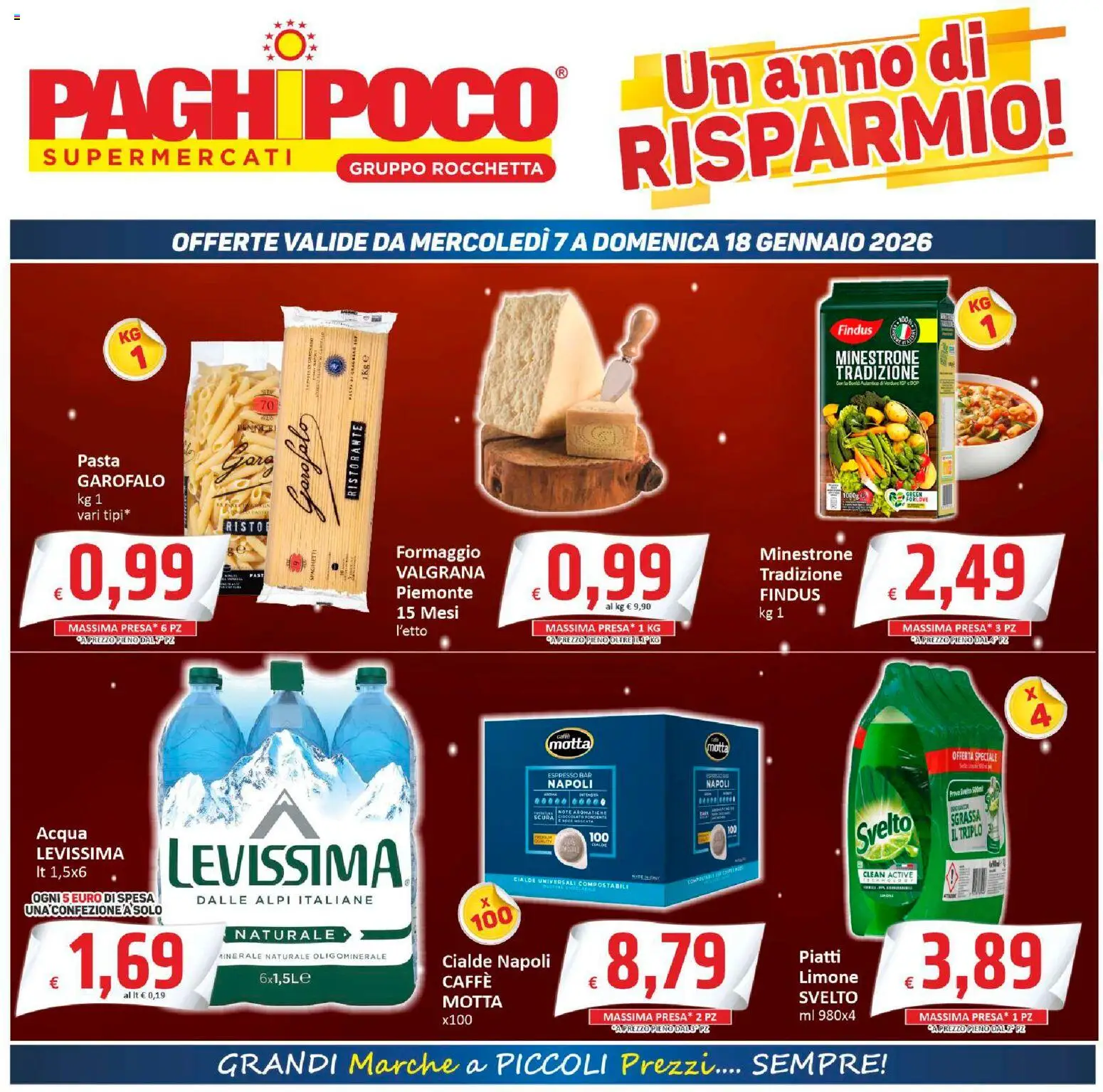 Volantino Paghi Poco del 07.01.2026 | Pagina: 1 | Prodotti: Minestrone, Acqua, Limone, Presa
