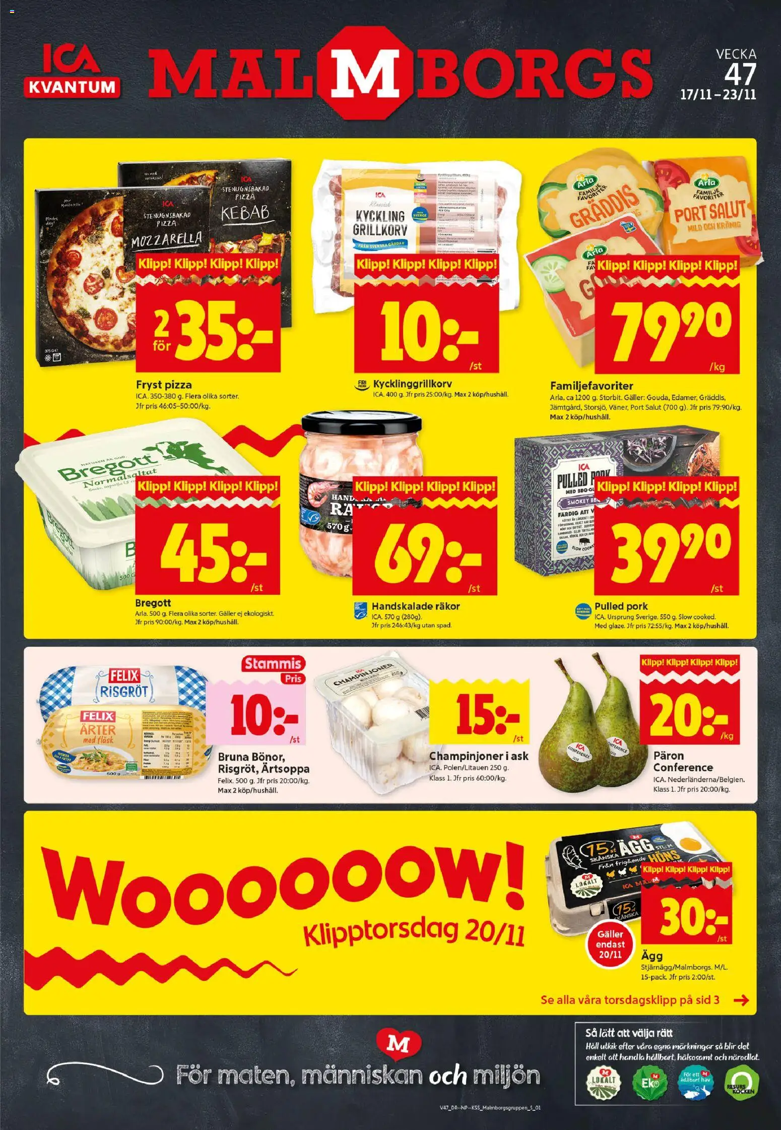 ICA Kvantum reklamblad aktuell från 17.11.2025 | Sida: 1 | Produkter: Räkor, Pizza, Champinjoner, Fläsk