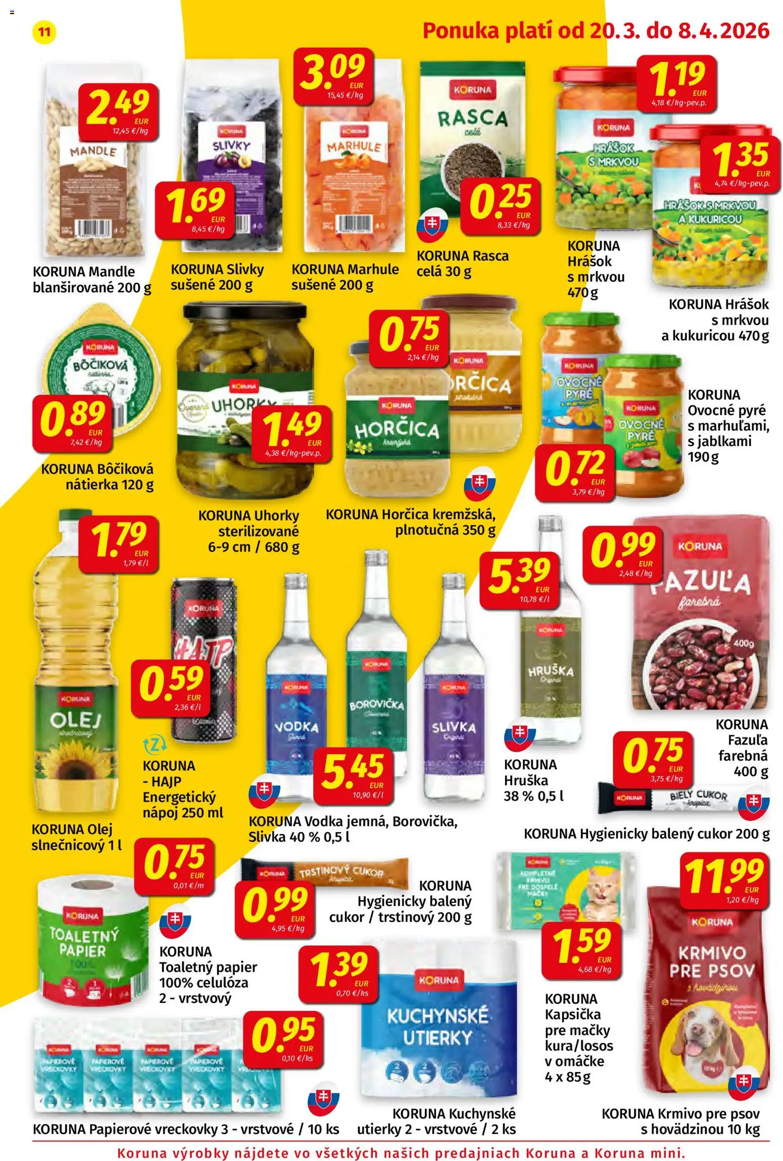 Nové Koruna akcie – leták je platný od 20.03.2026 | Strana: 11 | Produkty: Fazuľa, Hrášok, Toaletný papier, Uhorky