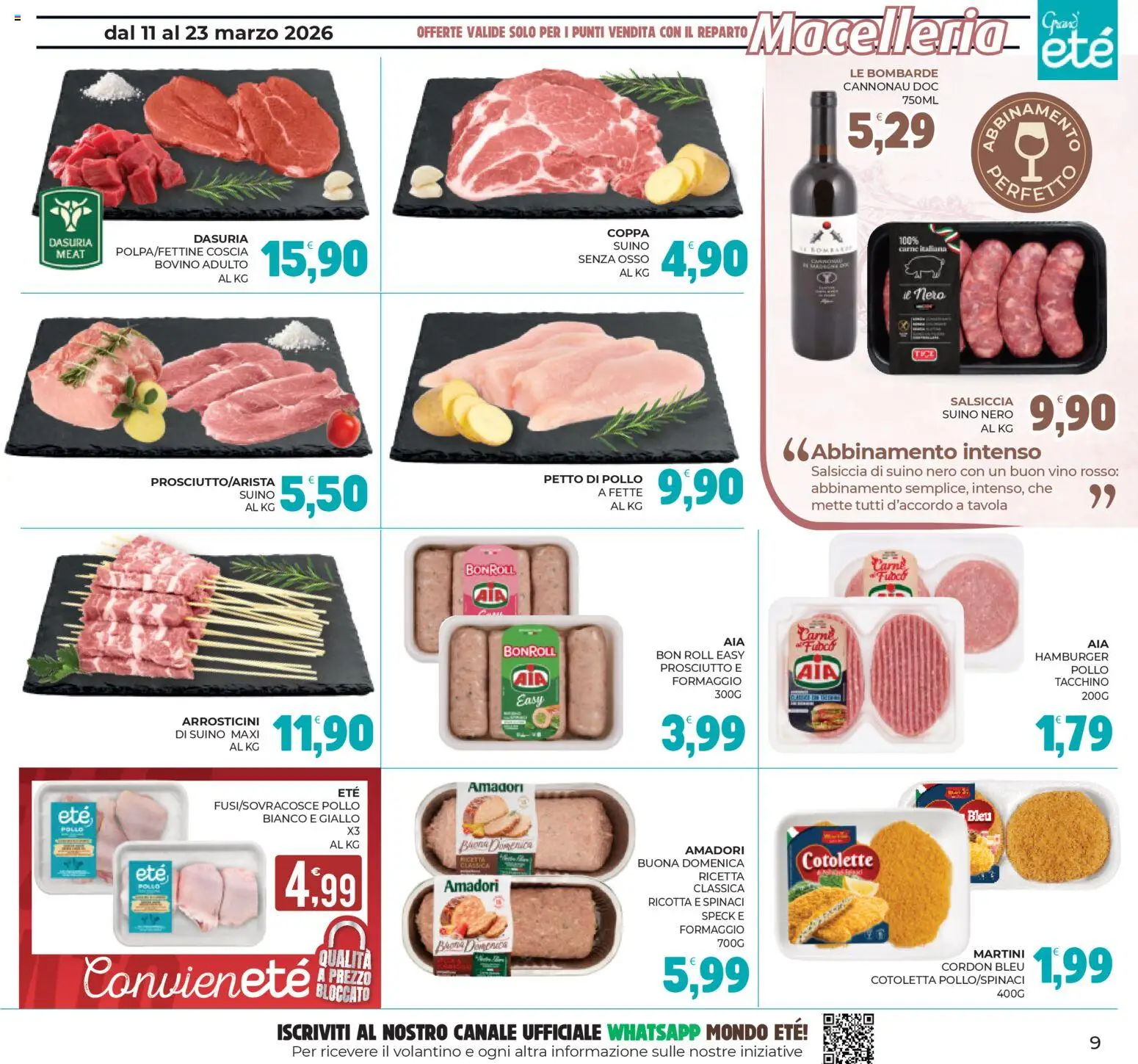 Volantino Eté del 11.03.2026 | Pagina: 9 | Prodotti: Salsiccia, Ricotta, Hamburger, Vino rosso