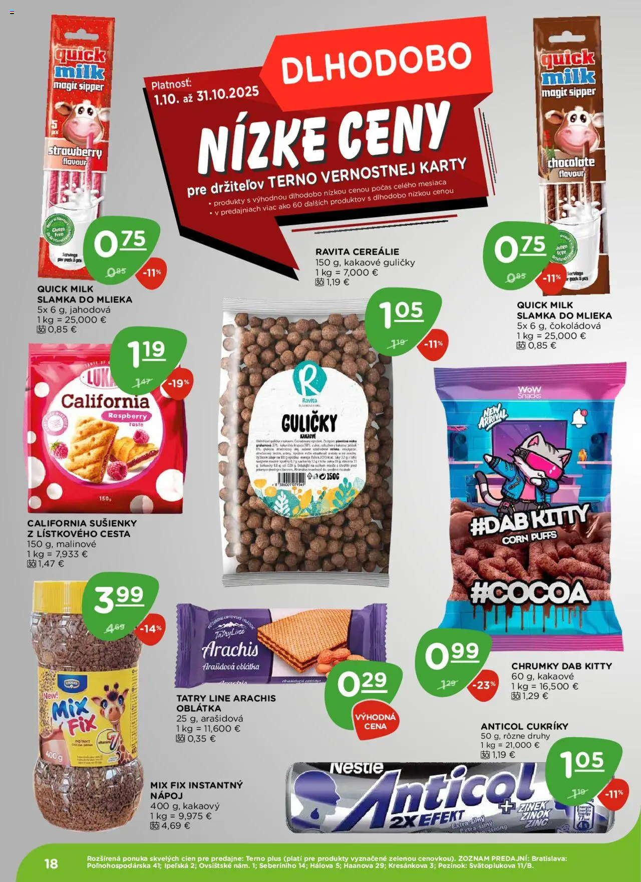 Nové Terno akcie – leták je platný od 16.10.2025 | Strana: 18 | Produkty: PC, Cukríky, Cereálie