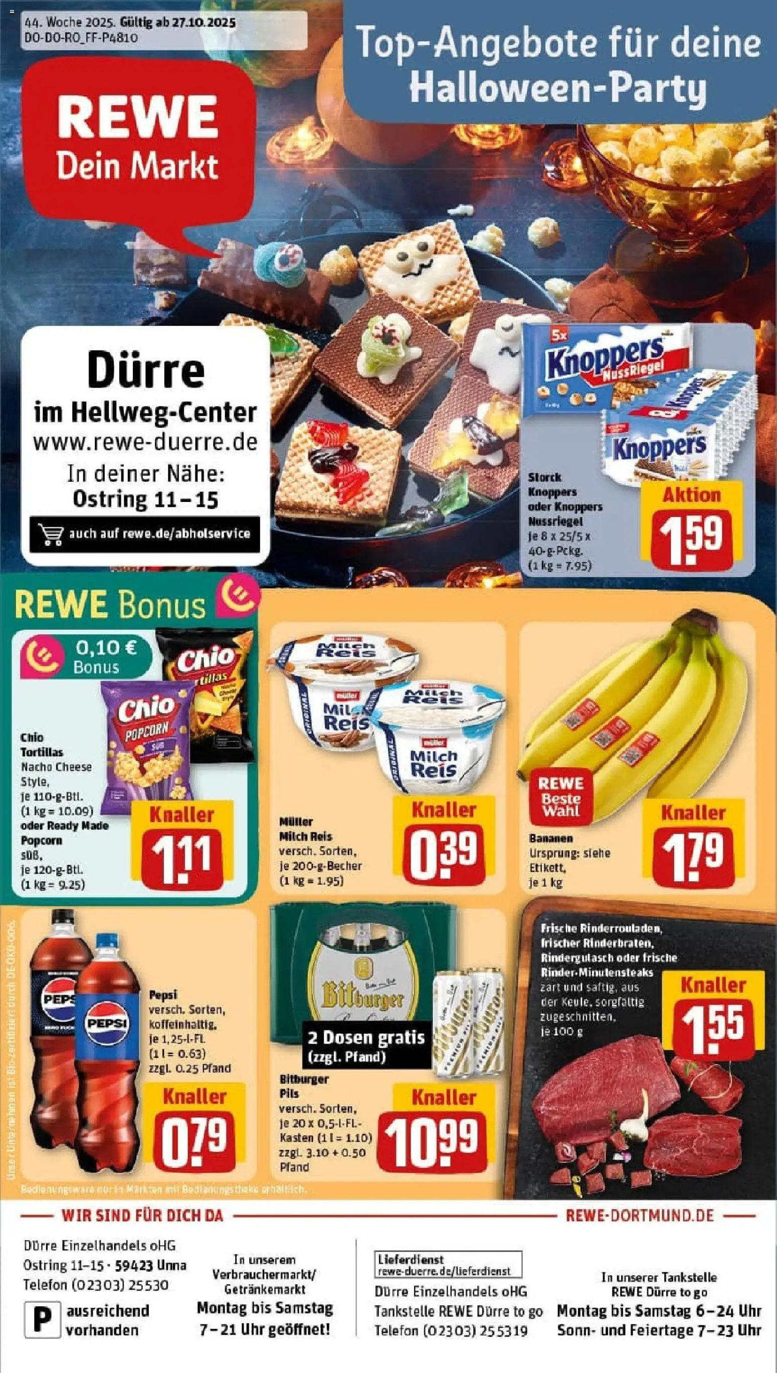 Rewe prospekt Unna	 – gültig ab 26.10.2025 | Seite: 1 | Produkte: Bitburger, Rindergulasch, Bananen, Reis