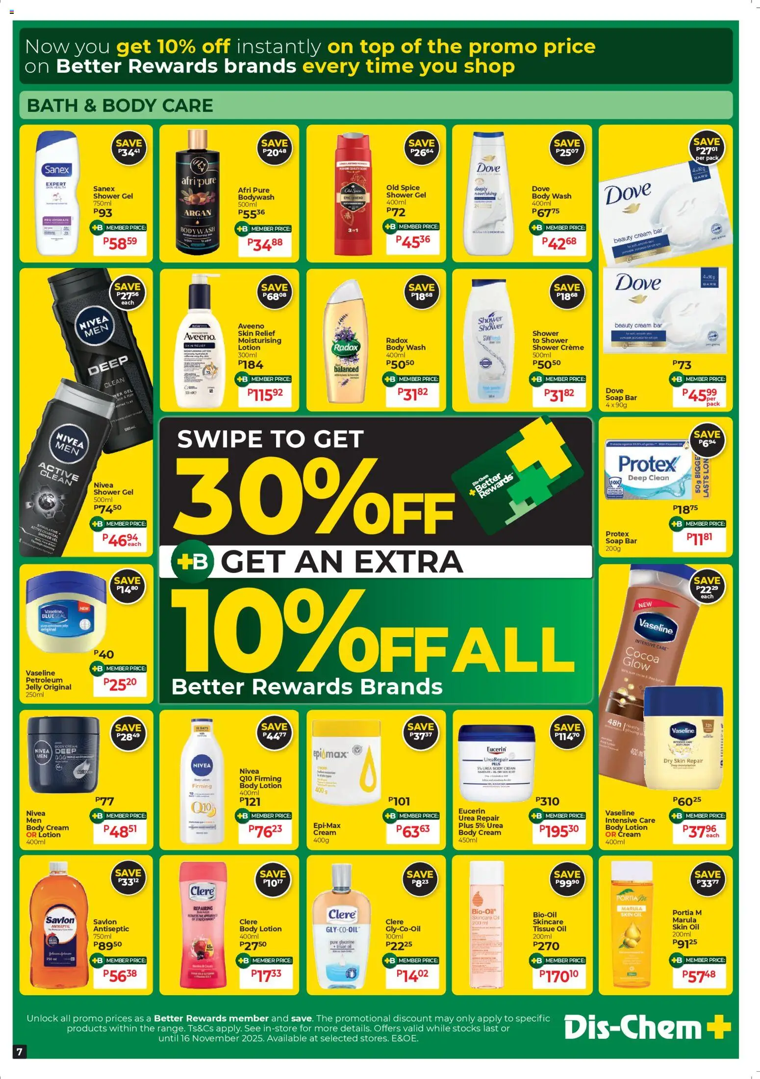 New Dis-Chem catalogue – valid from 21.10.2025 | Page: 7 | Products: Body cream, Soap, Petroleum jelly, Lotion