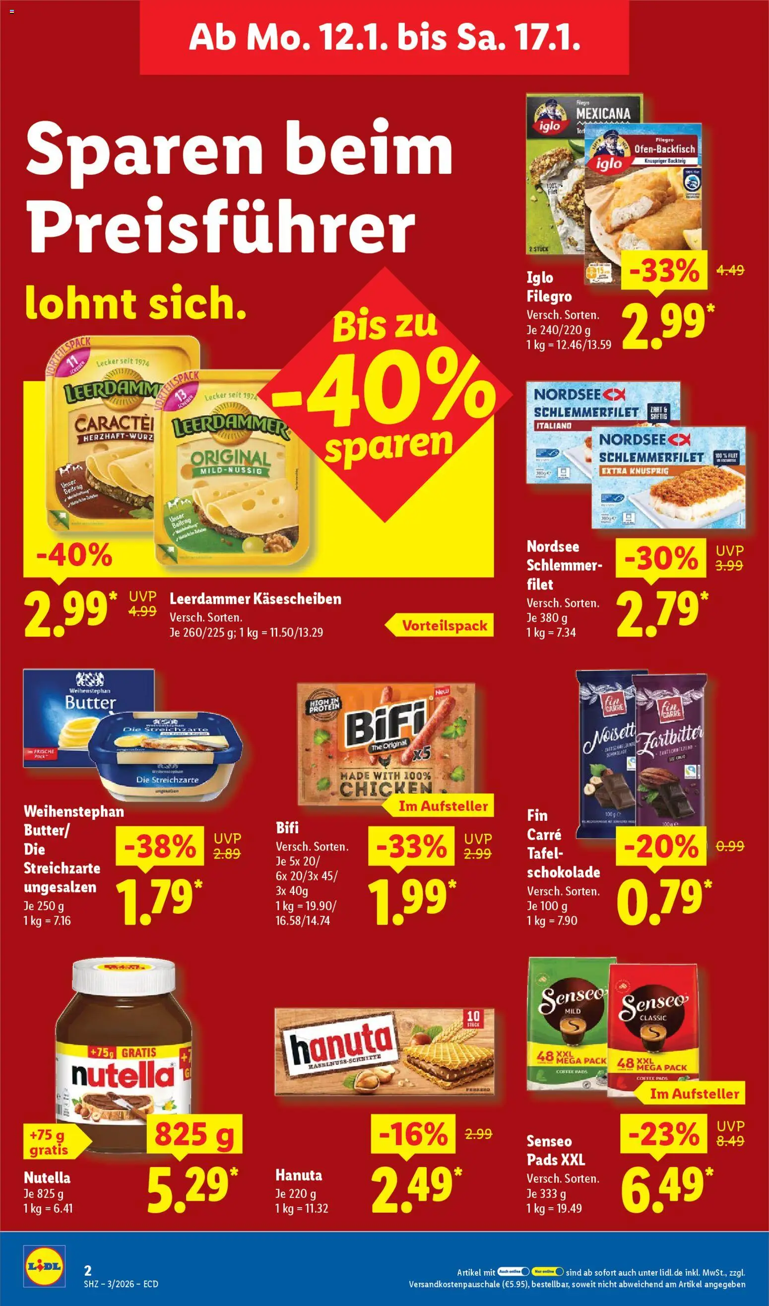 Lidl - Prospekt – gültig ab 12.01.2026 | Seite: 2 | Produkte: Bifi, Weihenstephan butter, Leerdammer, Nutella