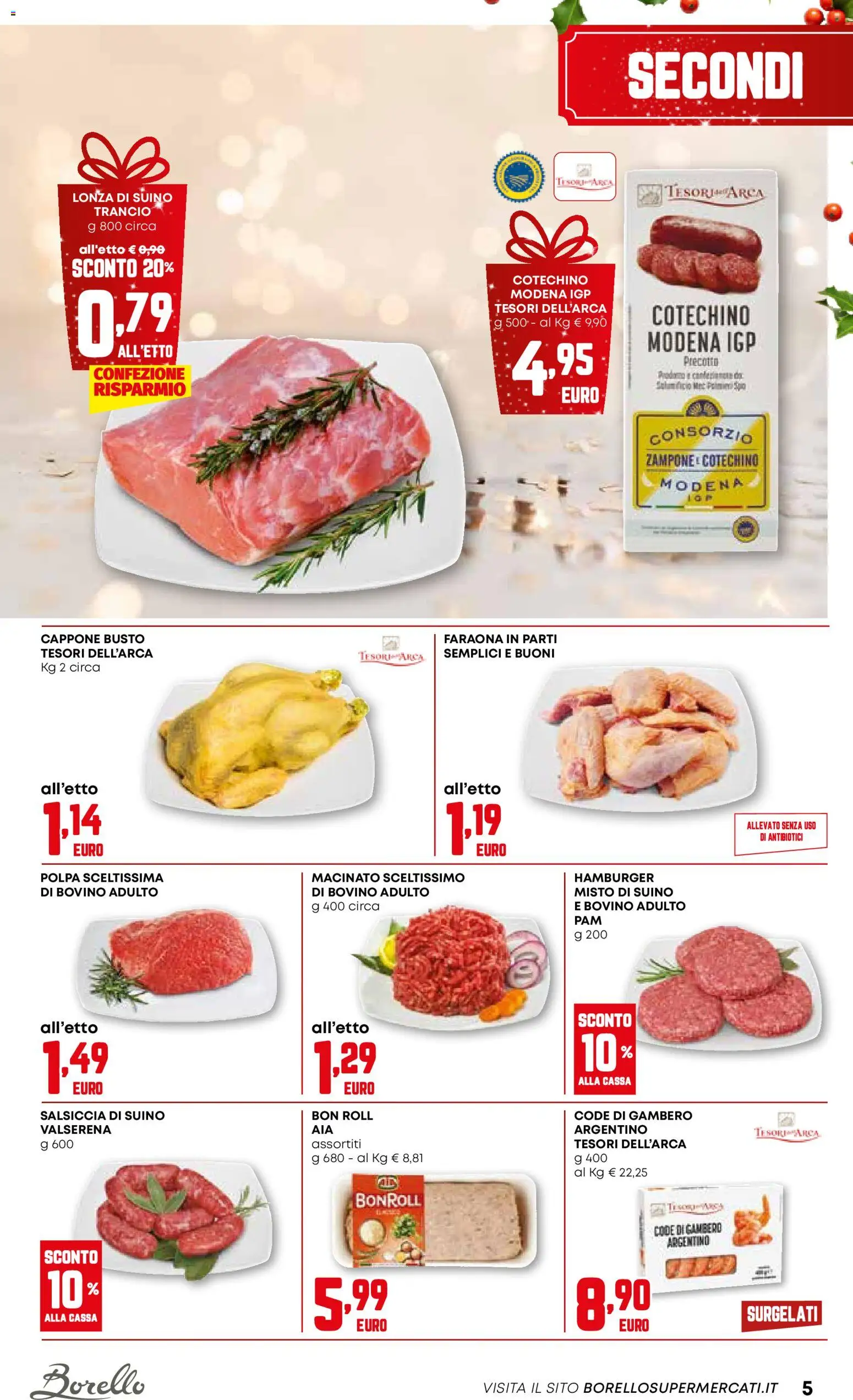 Volantino Borello Supermercati del 18.12.2025 | Pagina: 5 | Prodotti: Suino, Salsiccia, Hamburger, Cotechino