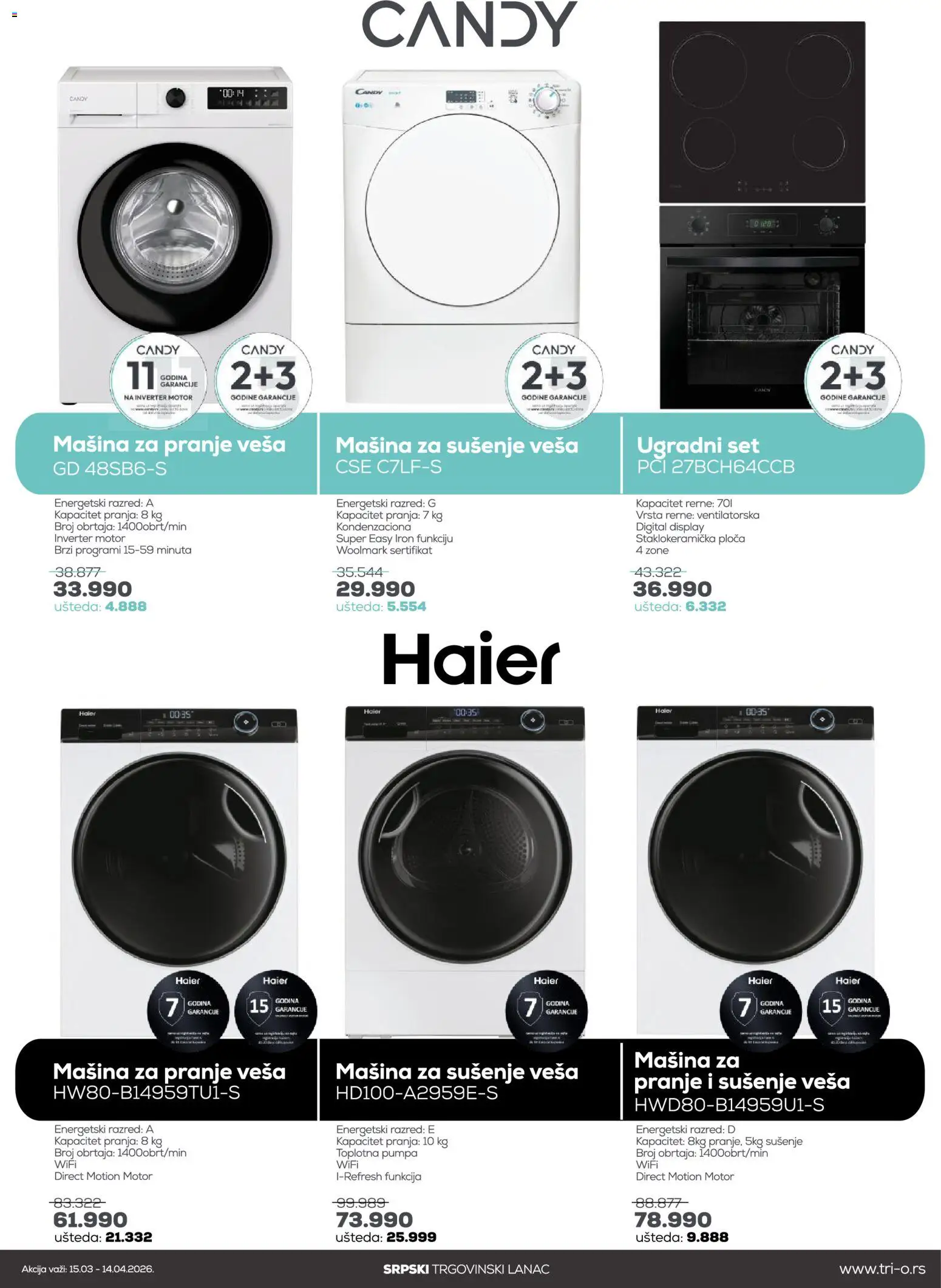Tri O katalog - važi od 15.03.2026 | Strana: 4 | Proizvode: Mašina za pranje veša, Candy, Mašina za sušenje veša