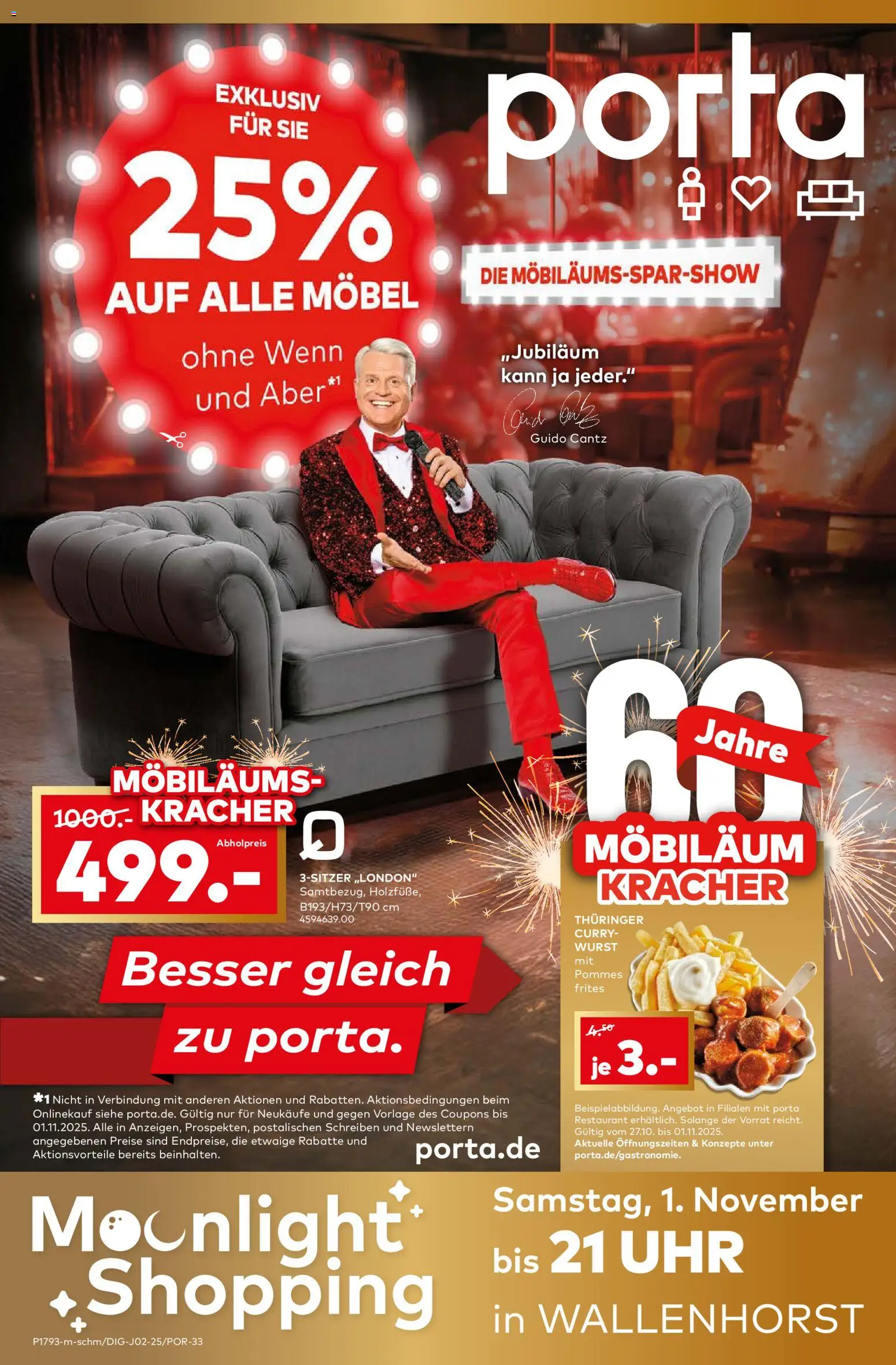 Porta! Möbiläums-Spar-Show mit Guido Cantz und 25% auf ALLE Möbel - Wallenhorst – gültig ab 27.10.2025 | Seite: 1 | Produkte: Pommes, Pommes frites, Wurst, Uhr
