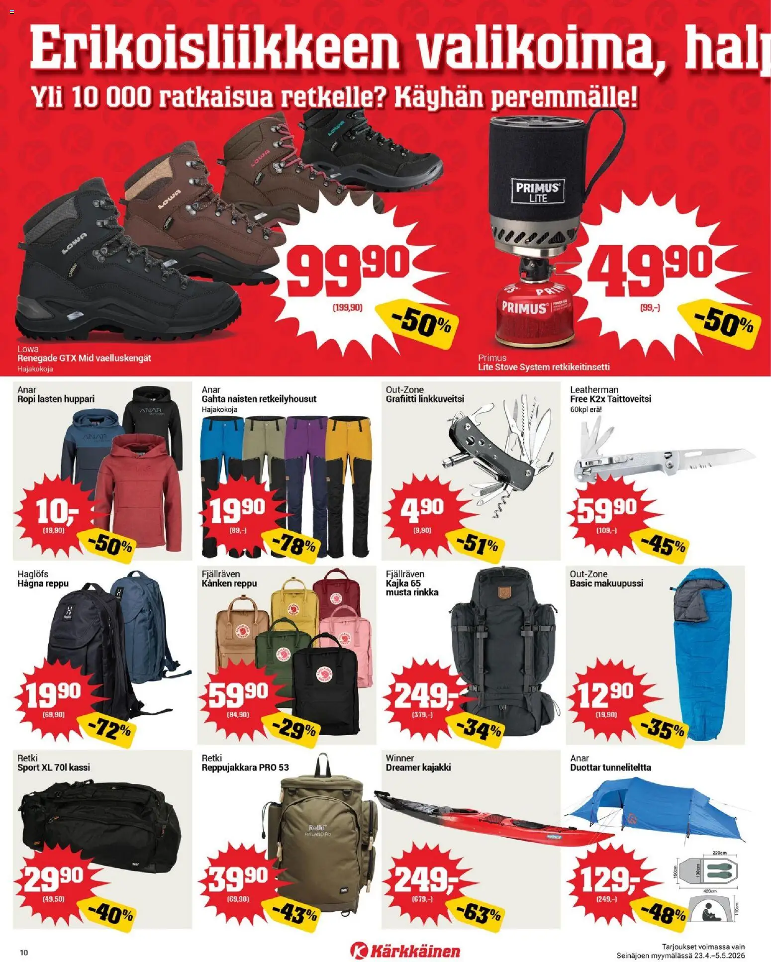 Kärkkäinen tarjoukset - Seinäjoen alue – voimassa 23.04.2026 alkaen | Sivu: 10 | Tuotteet: Rinkka, Kajakki, Huppari, Reppu