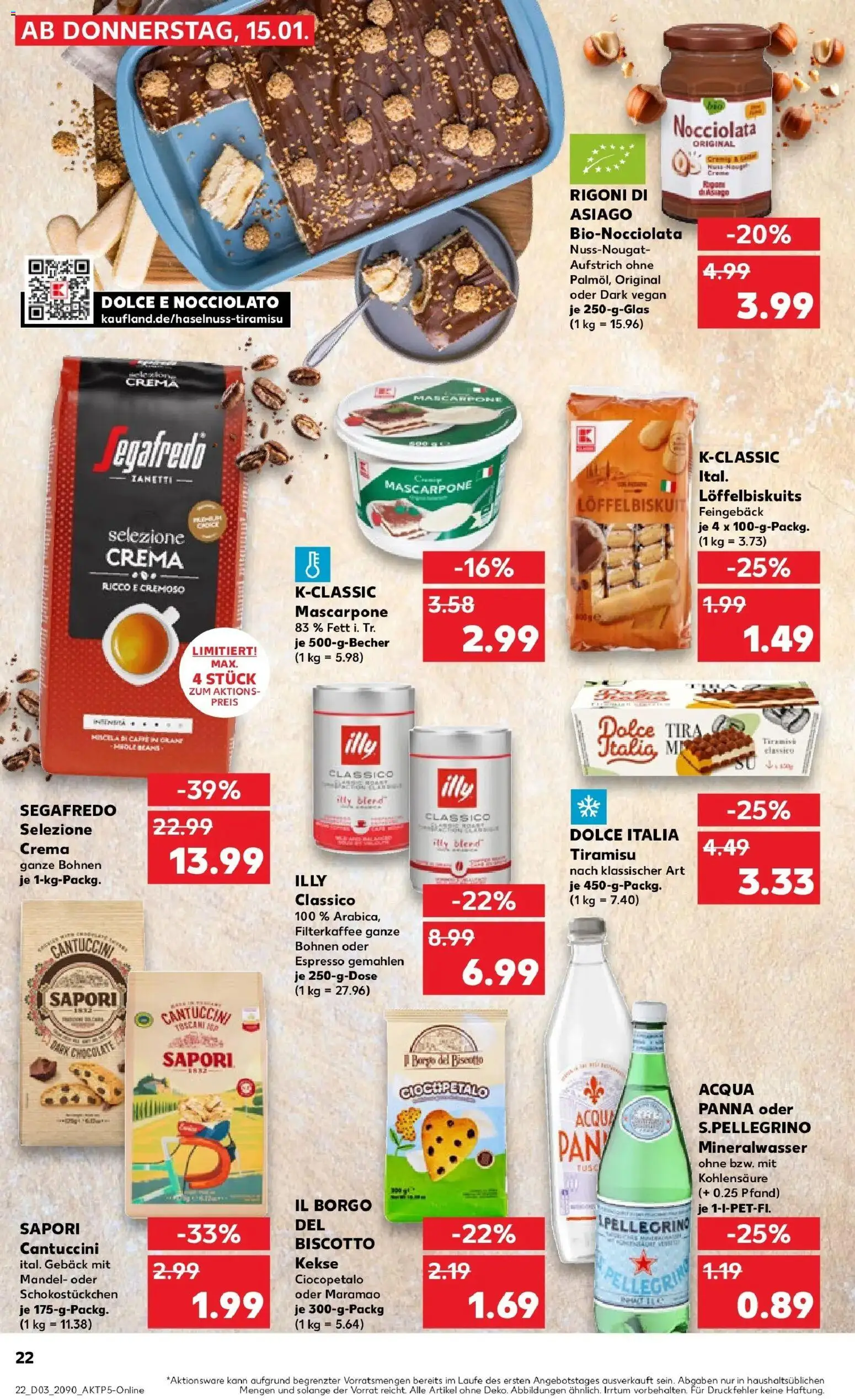 Kaufland prospekt Aue-Bad Schlema	 – gültig ab 19.01.2026 | Seite: 22 | Produkte: Mascarpone, Mineralwasser, Kekse, Segafredo