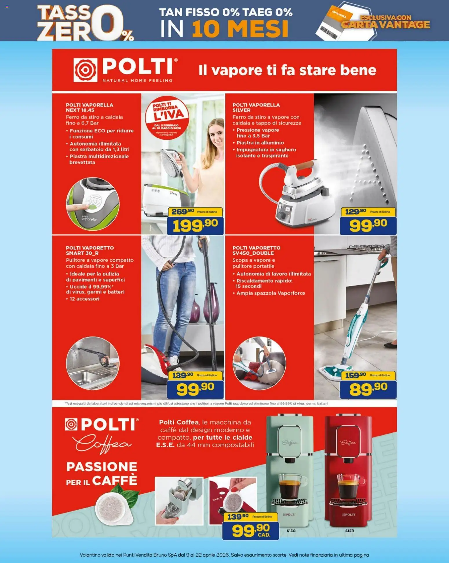 Volantino BRUNO del 09.04.2026 | Pagina: 40 | Prodotti: Vaporetto, Caffè, Pulitore a vapore, Ferro da stiro