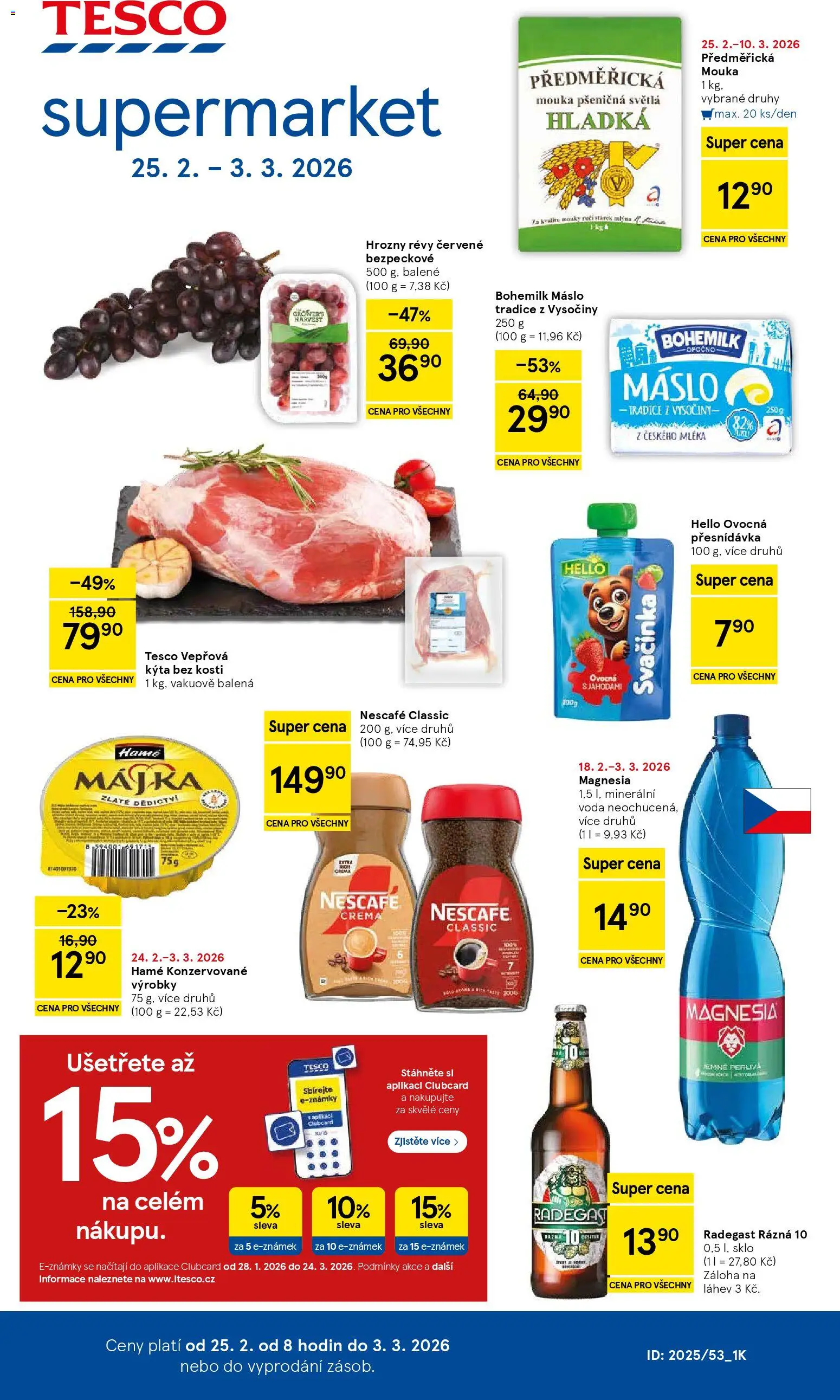 Tesco leták - Supermarket od 25.02.2026 | Strana: 1 | Produkty: Penne, Máslo, Crema, Mouka