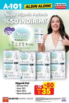 16.04.2026 tarihinden itibaren geçerli olan A101 kataloğu önizlemesi | Sayfa: 23 | Ürünler: Hijyenik ped, Parfüm, Şeker