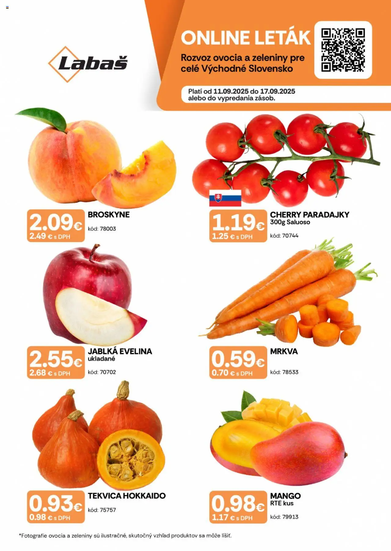 Nové Labaš akcie – leták je platný od 11.09.2025 | Strana: 1 | Produkty: Paradajky, Mrkva, Mango, Cherry paradajky