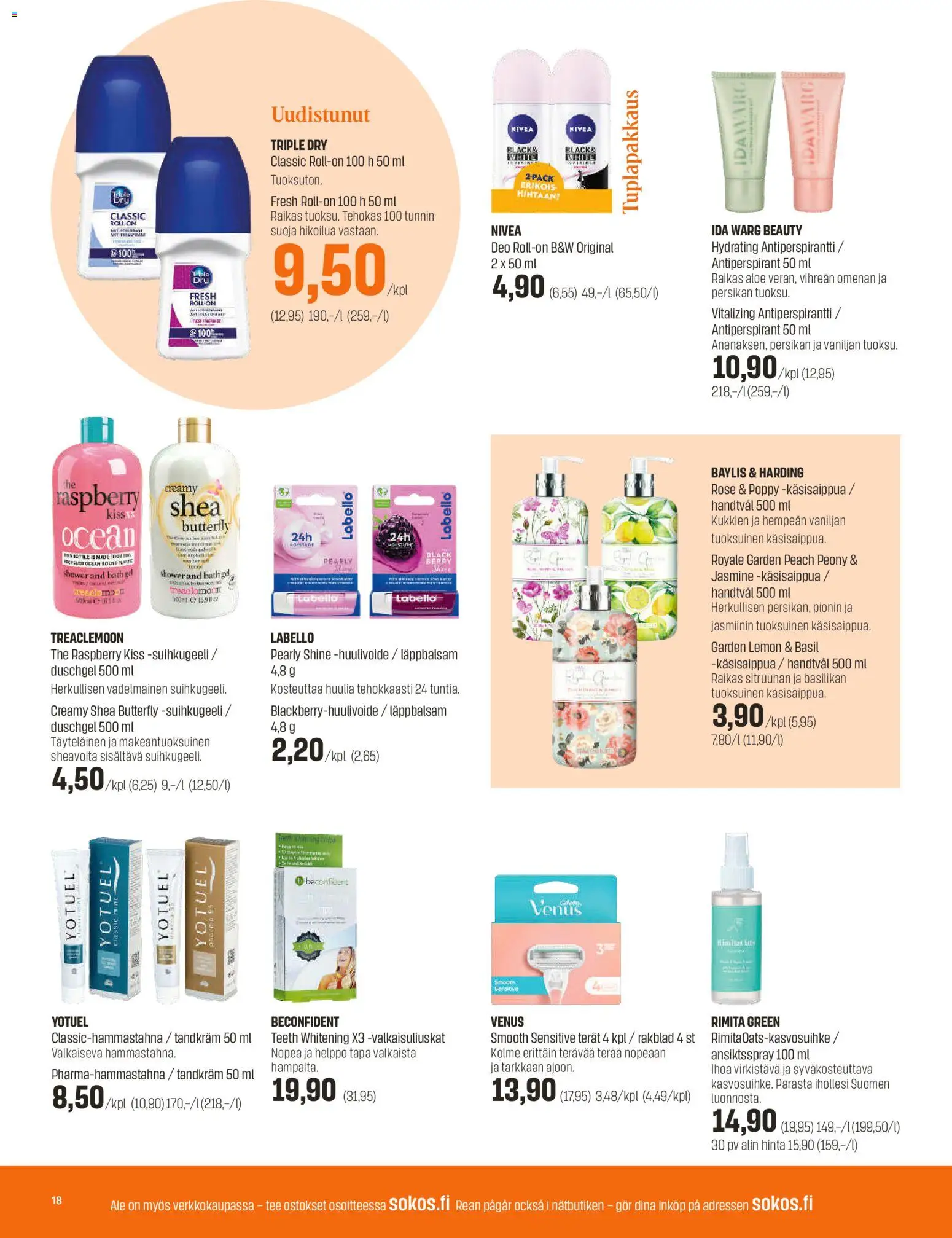 Sokos tarjoukset – voimassa 27.12.2025 alkaen | Sivu: 18 | Tuotteet: Suihkugeeli, Antiperspirantti, Käsisaippua, Tee
