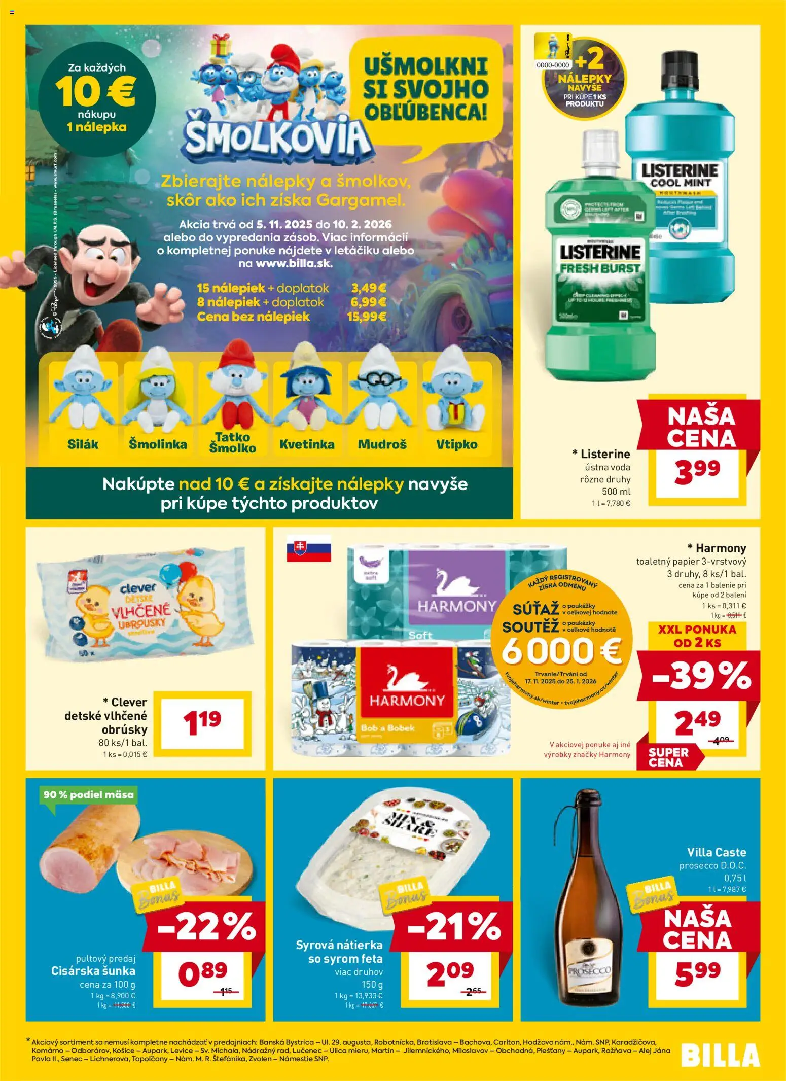 Nové Billa akcie – leták je platný od 02.01.2026 | Strana: 11 | Produkty: Listerine, Šunka, Toaletný papier, Voda