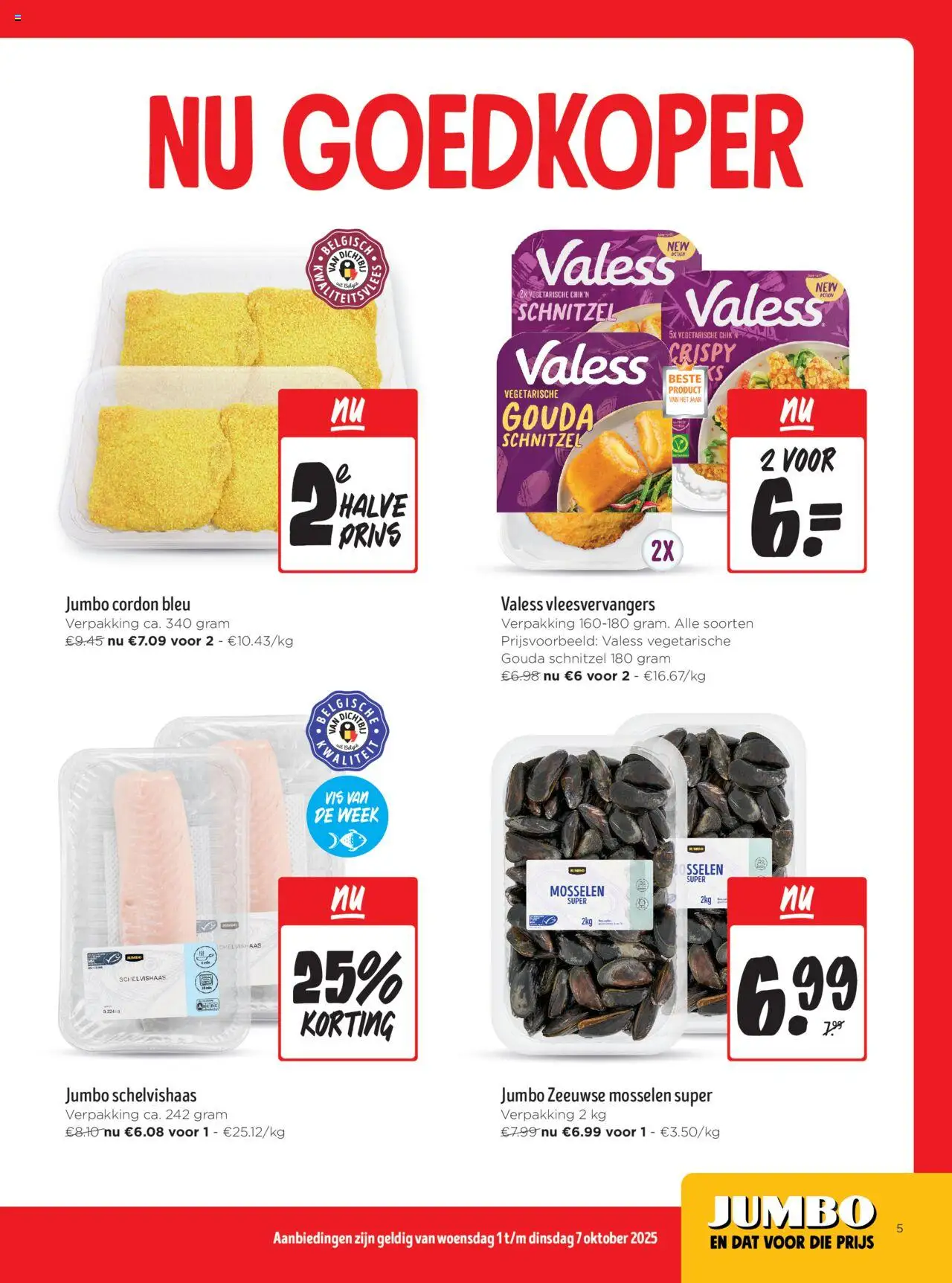 {H1} | Pagina: 5 | Producten: Schnitzel, Mosselen, Vis, Gouda
