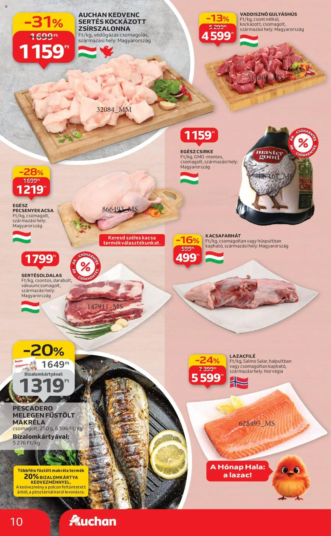 Auchan akciós ujság - amely érvényes a következő dátumtól: 16.10.2025 | Oldal: 10 | Termékek: Lazacfilé, Füstölt makréla, Pecsenyekacsa, Lazac