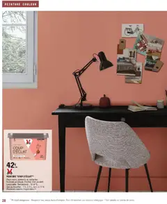 Brico E.Leclerc - Prévisualisation de PEINTURE "COUP D'ÉCLAT (1), Pour murs, plafonds et boiseries. Formule acrylique. Finition mat poudré. Lessivable. Rendement: 10 m²/L. Sec au toucher: 1 h. 2,5 L. Le L à 17 €. Plusieurs coloris disponibles. valide à partir de 01.04.2025 | Page: 28