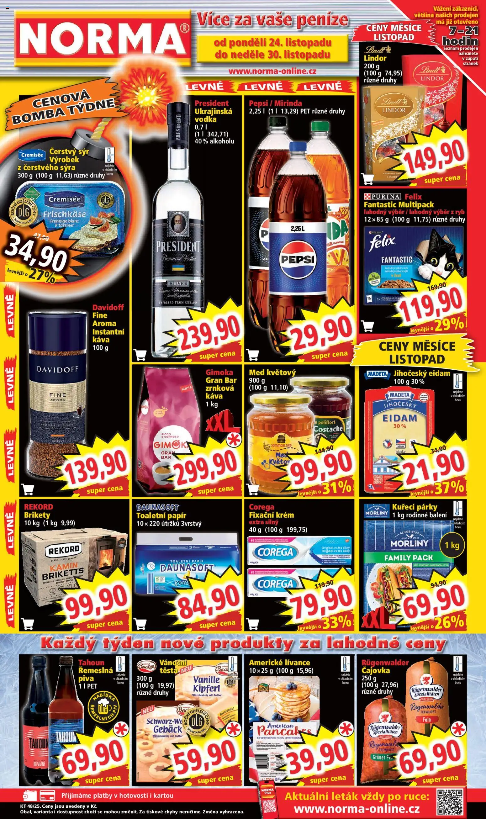 Norma leták od 24.11.2025 | Strana: 1 | Produkty: Corega, Med, Mirinda, Eidam