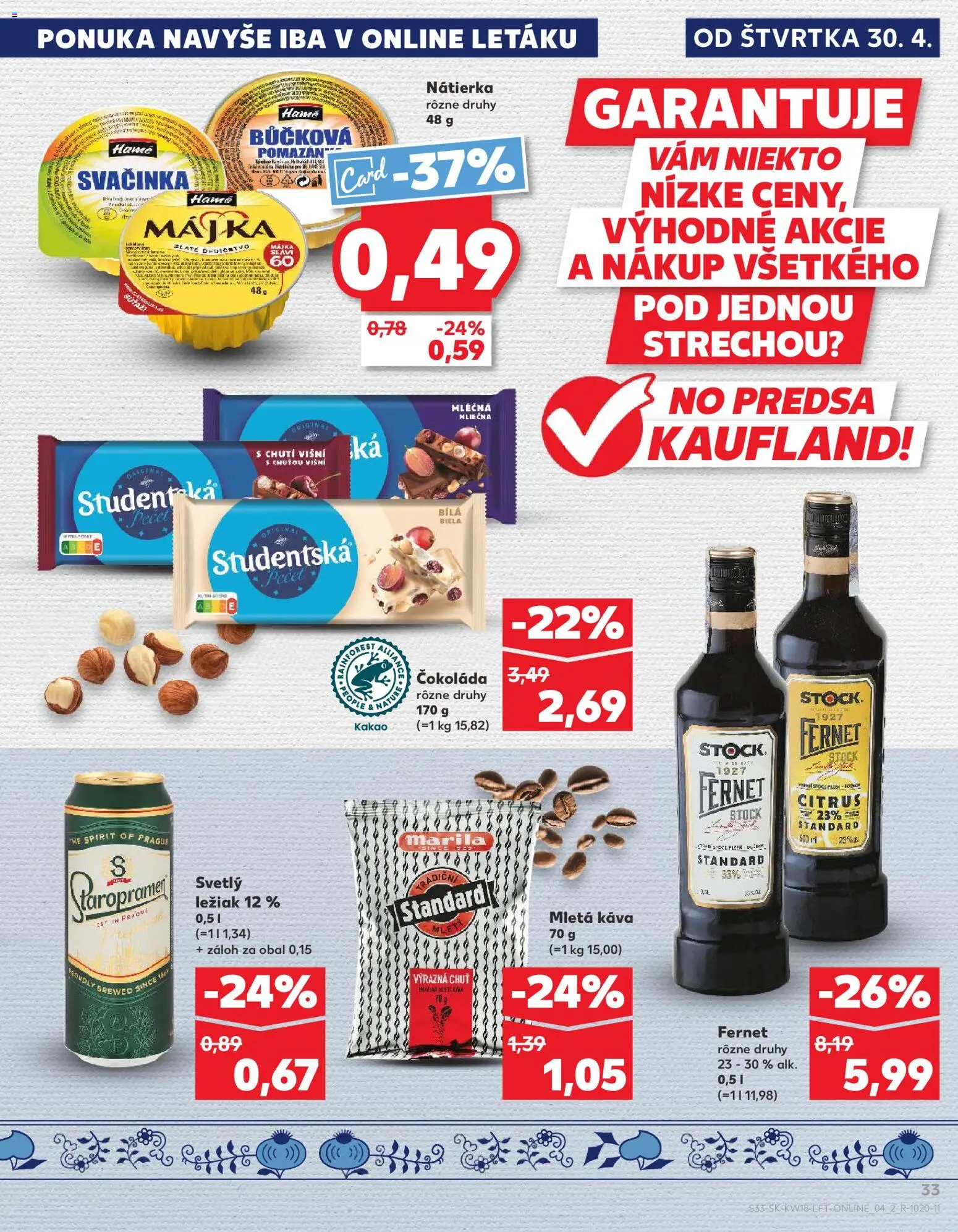 Nové Kaufland akcie – leták je platný od 30.04.2026 | Strana: 33 | Produkty: Káva, Staropramen, Fernet, Fernet Stock