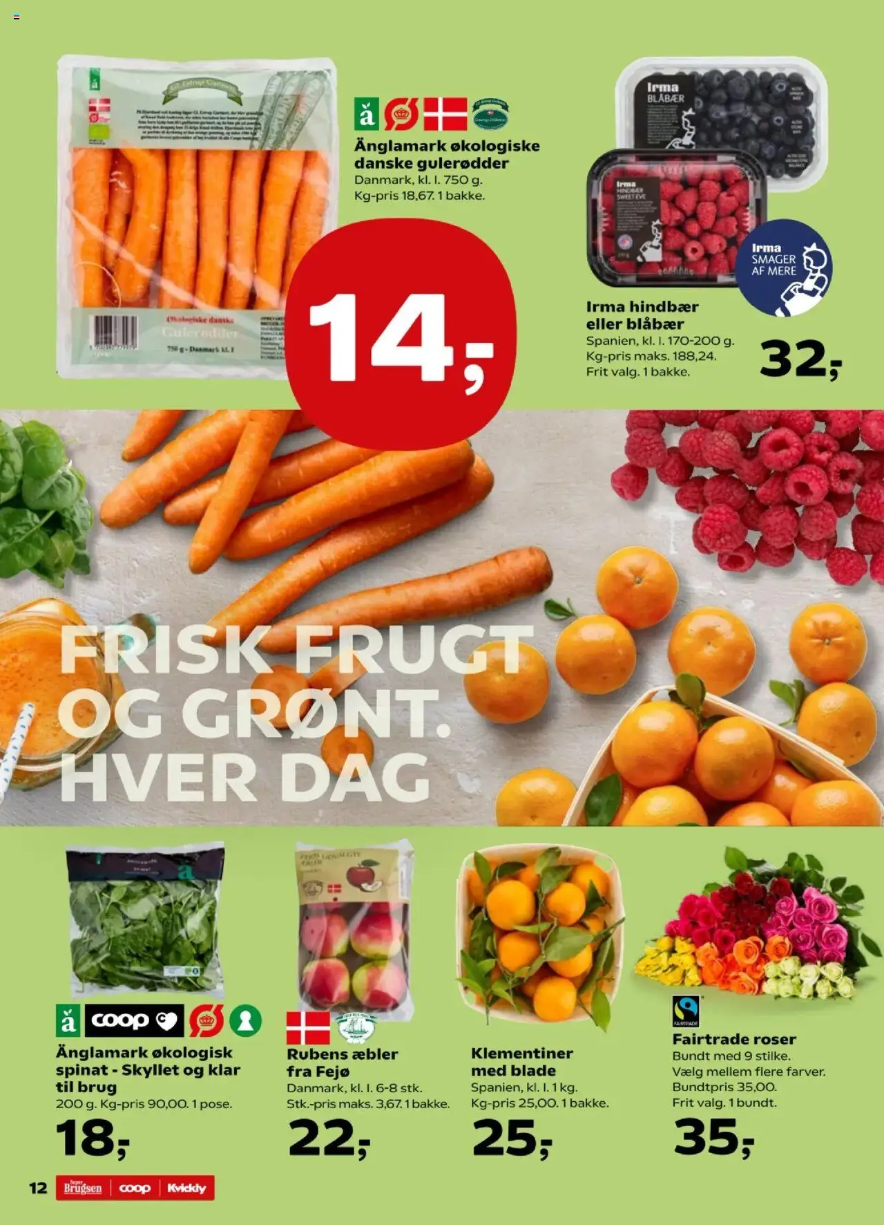 Super Brugsen tilbudsavis – gyldig fra 10.10.2025 | Side: 12 | Produkter: Æbler, Gulerødder, Hindbær, Spinat