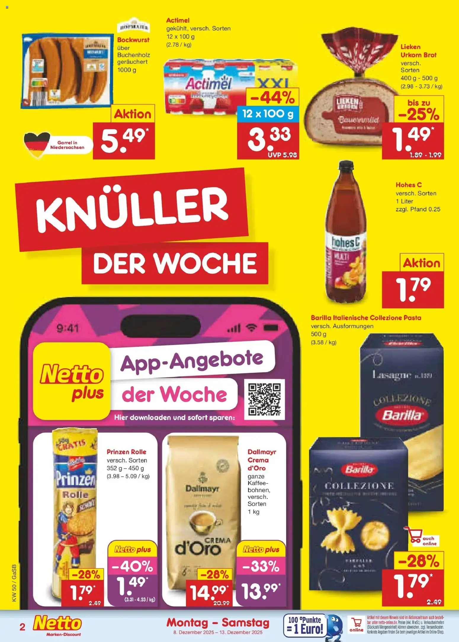 Netto Marken-Discount Prospekt 	 – gültig ab 08.12.2025 | Seite: 2 | Produkte: Actimel, Kaffee, Dallmayr, Pasta
