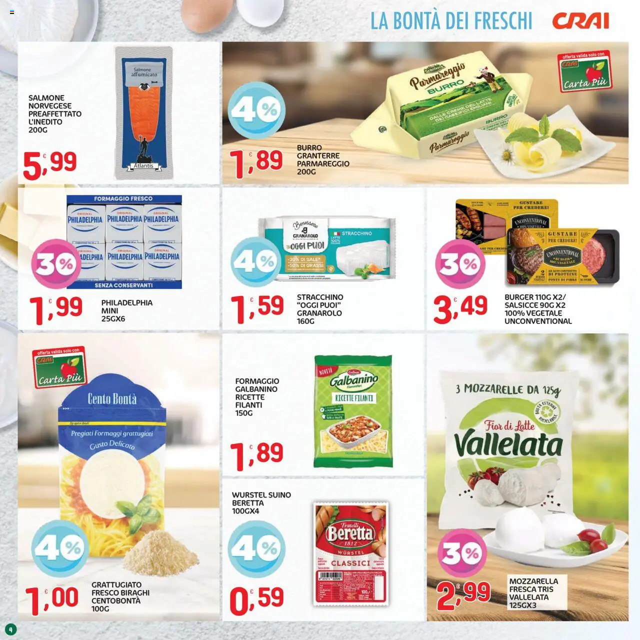 Volantino CRAI del 21.08.2025 | Pagina: 4 | Prodotti: Mozzarella, Latte, Formaggio, Burro