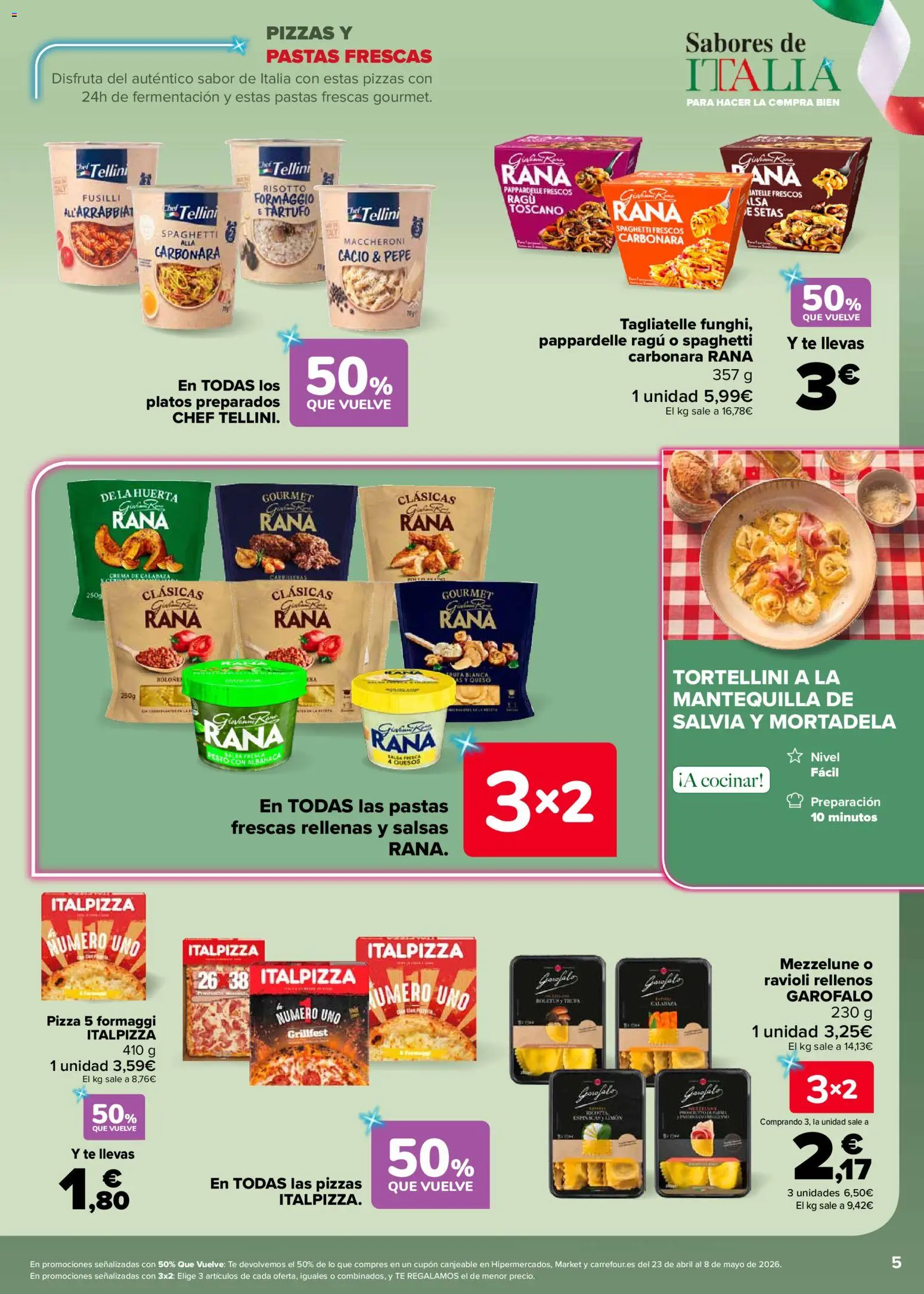 Carrefour Sabores de Italia │ válido desde el 07.04.2026 | Página: 5 | Productos: Pizza, Crema, Té, Mortadela