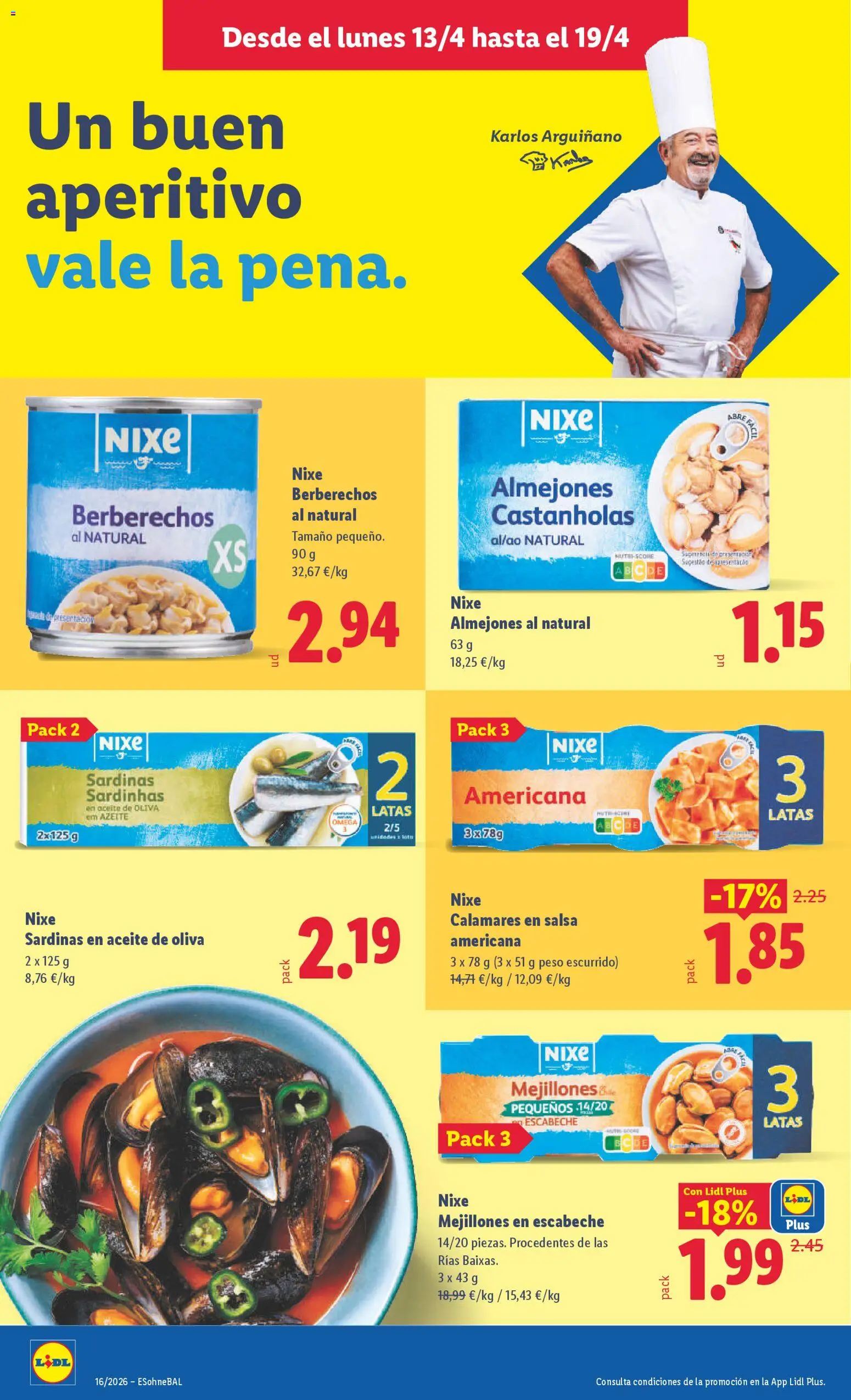 Lidl folleto │ válido desde el 13.04.2026 | Página: 16 | Productos: Calamares, Berberechos, Aceite de oliva, Peso