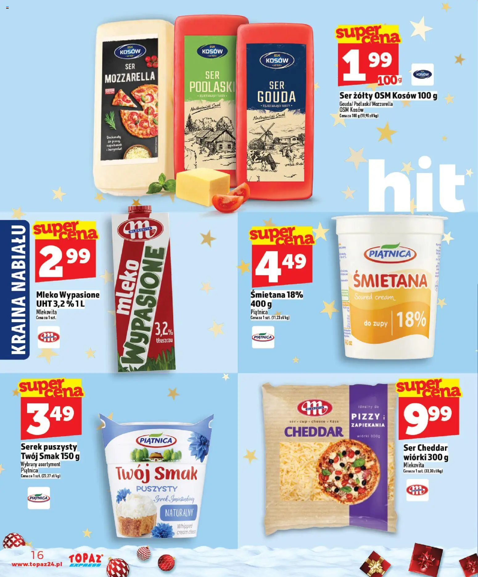 Topaz Gazetka - Express od 11.12.2025 | Strona: 16 | Produkty: Ser żółty, Cream cheese, Mleko, Ser cheddar