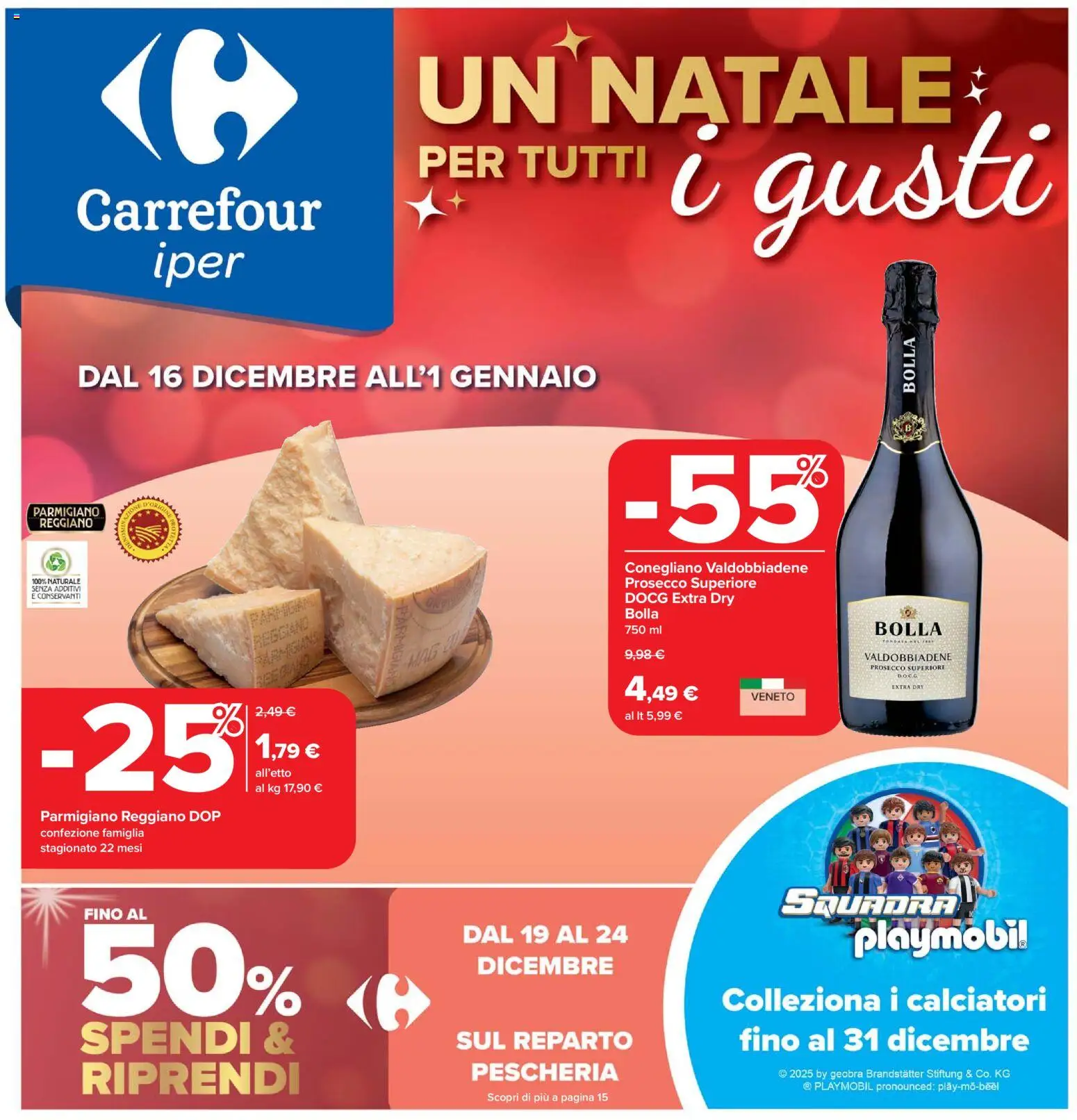 Volantino Carrefour del 16.12.2025 | Pagina: 1 | Prodotti: Prosecco, Parmigiano reggiano, Parmigiano