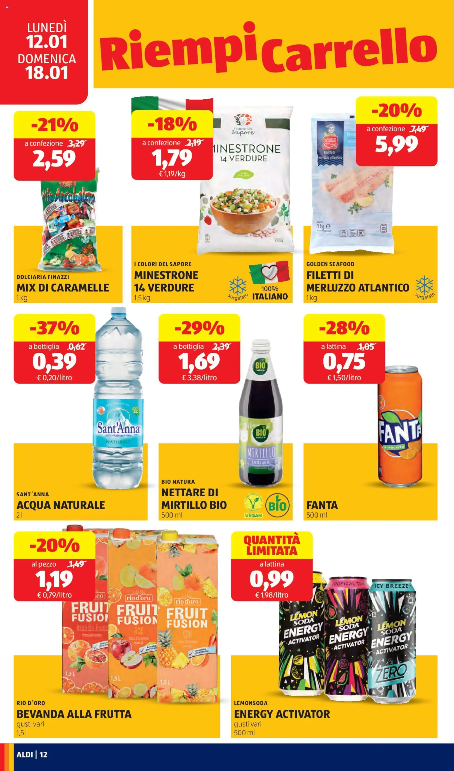 Volantino Aldi del 12.01.2026 | Pagina: 12 | Prodotti: Merluzzo, Verdure, Acqua naturale, Fanta