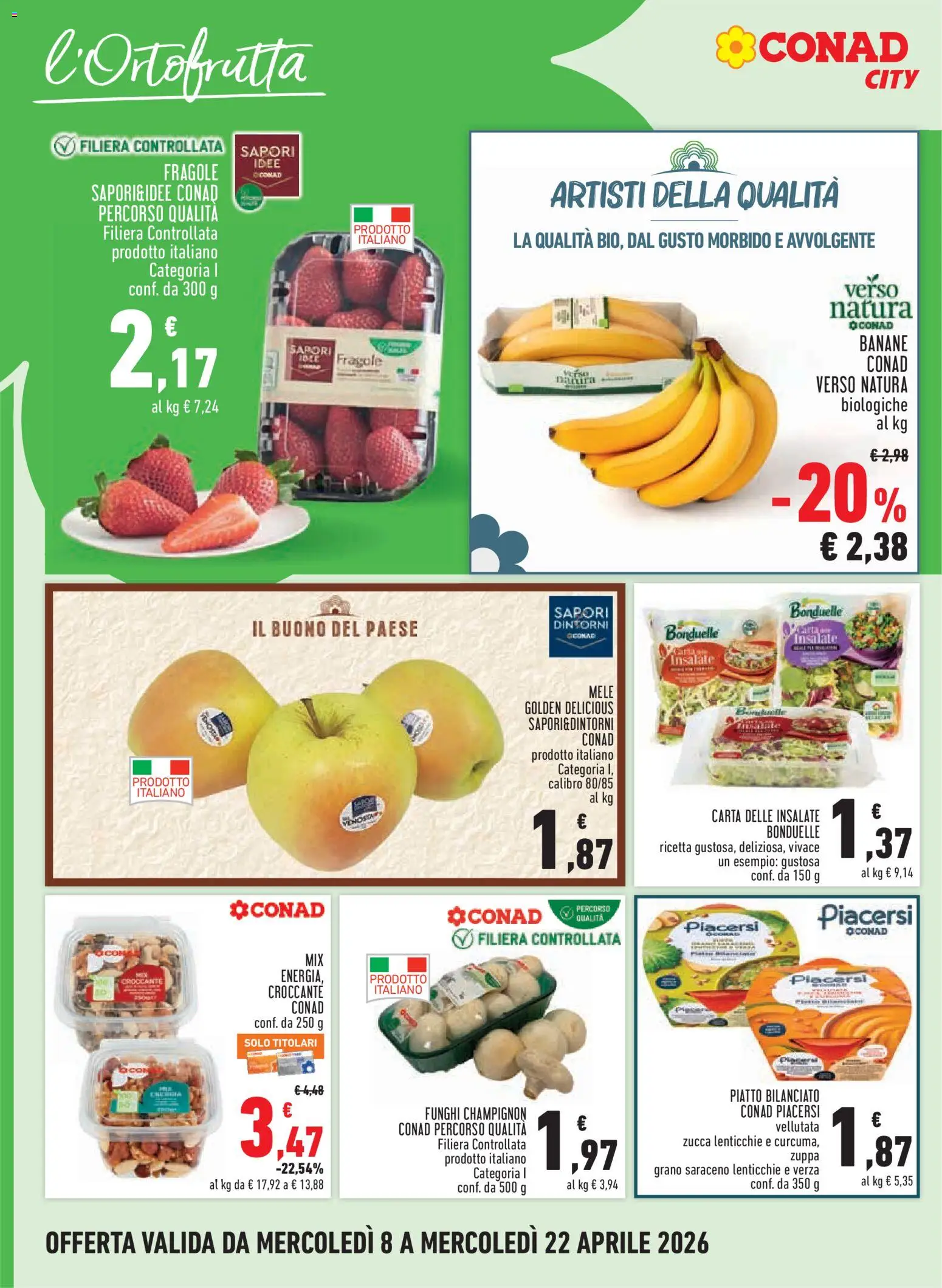 Volantino Conad del 08.04.2026 | Pagina: 2 | Prodotti: Mele, Banane, Fragole, Zucca