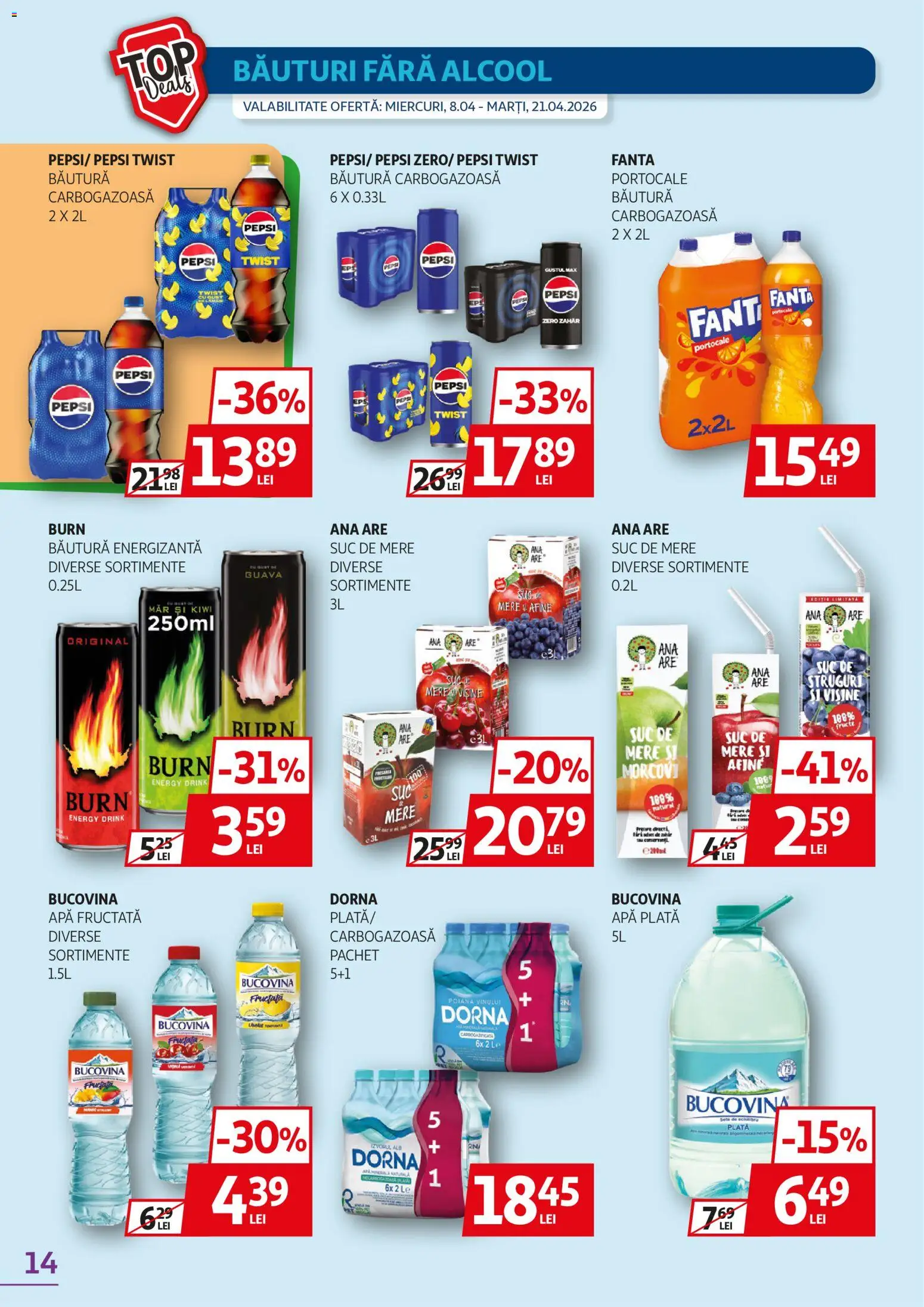Noul catalog Auchan – valabil de la 08.04.2026 | Pagină: 14 | Produse: Suc, Mere, Kiwi, Fructe