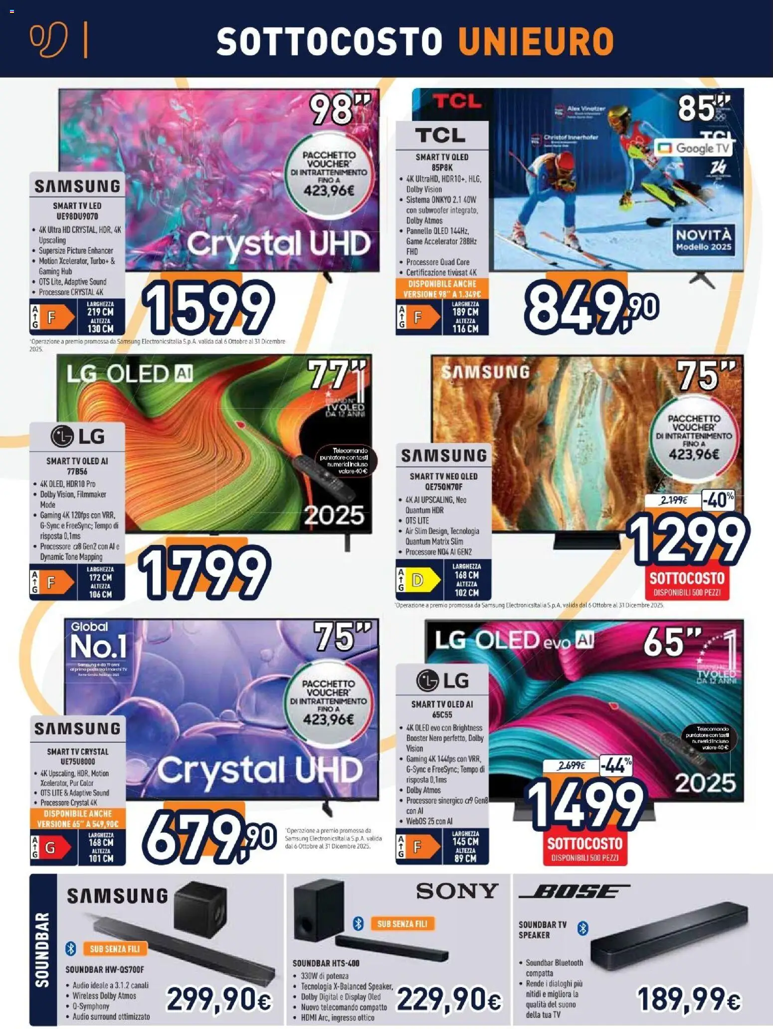 Volantino Unieuro del 05.12.2025 | Pagina: 2 | Prodotti: Soundbar, TV, Audio, Speaker