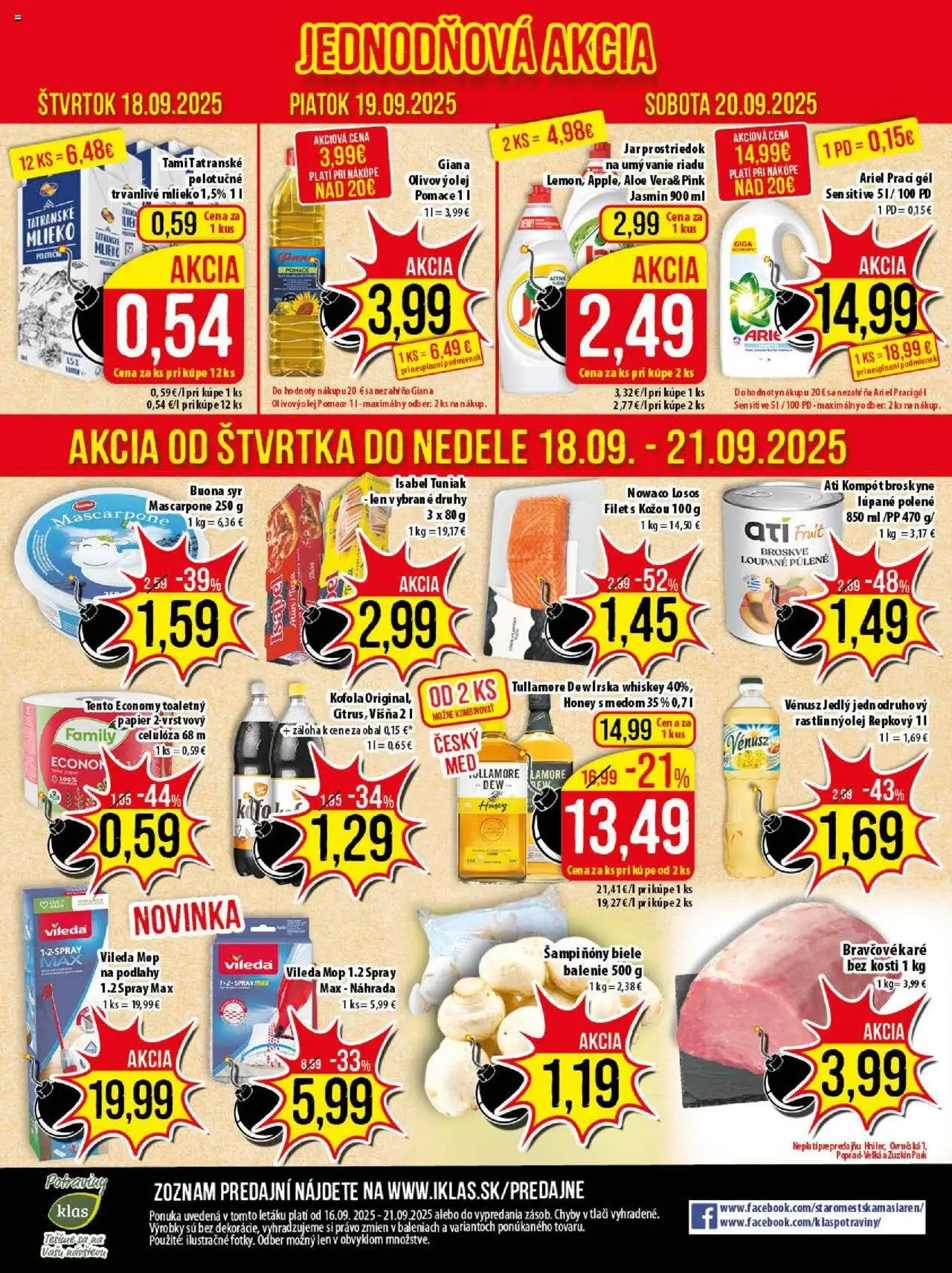 Nové Klas akcie – leták je platný od 16.09.2025 | Strana: 21 | Produkty: Mlieko, Tuniak, Kofola, Mascarpone