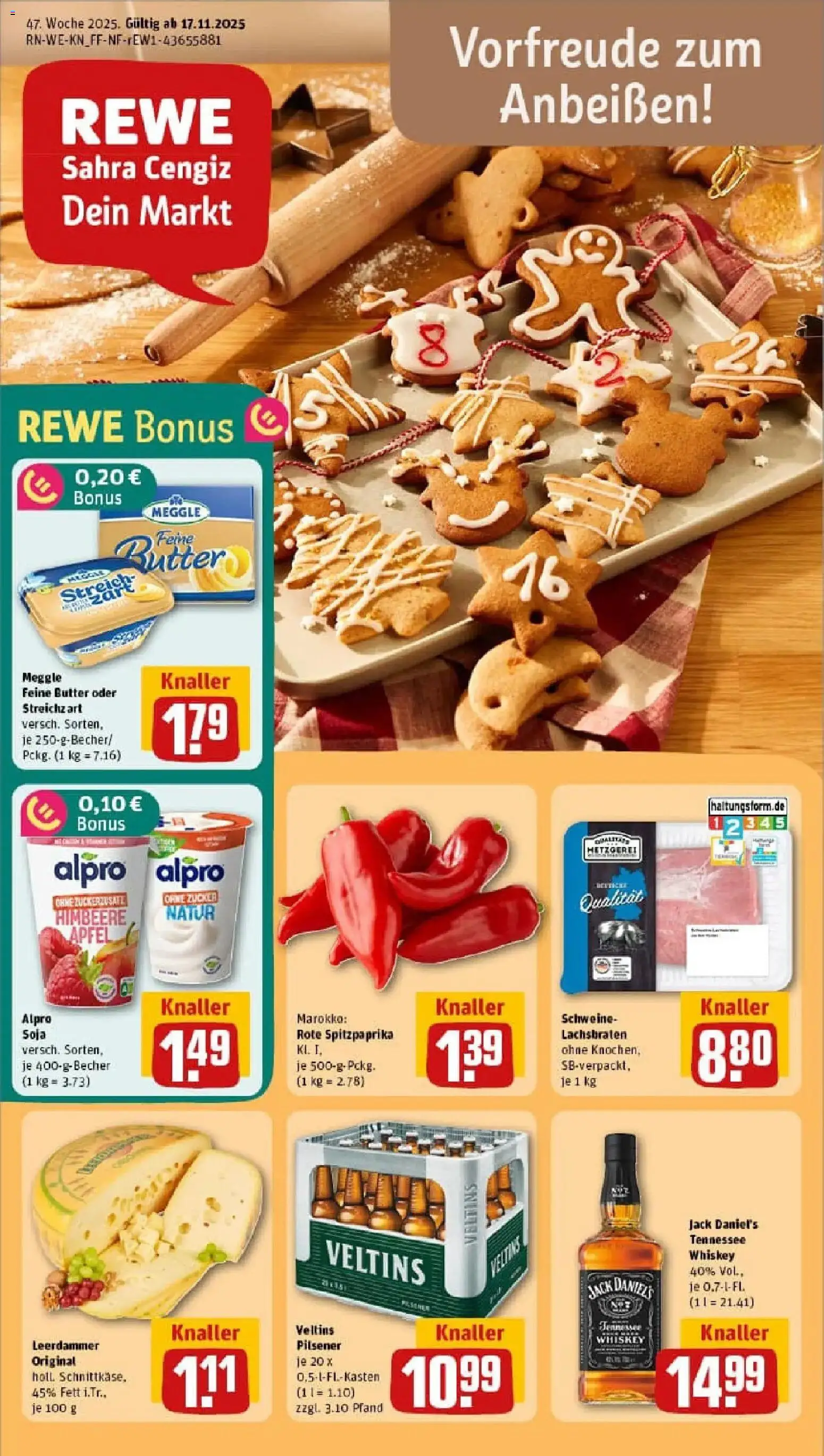 Rewe prospekt Dormagen	 – gültig ab 17.11.2025 | Seite: 1 | Produkte: Butter, Jack Daniel's, Alpro, Veltins