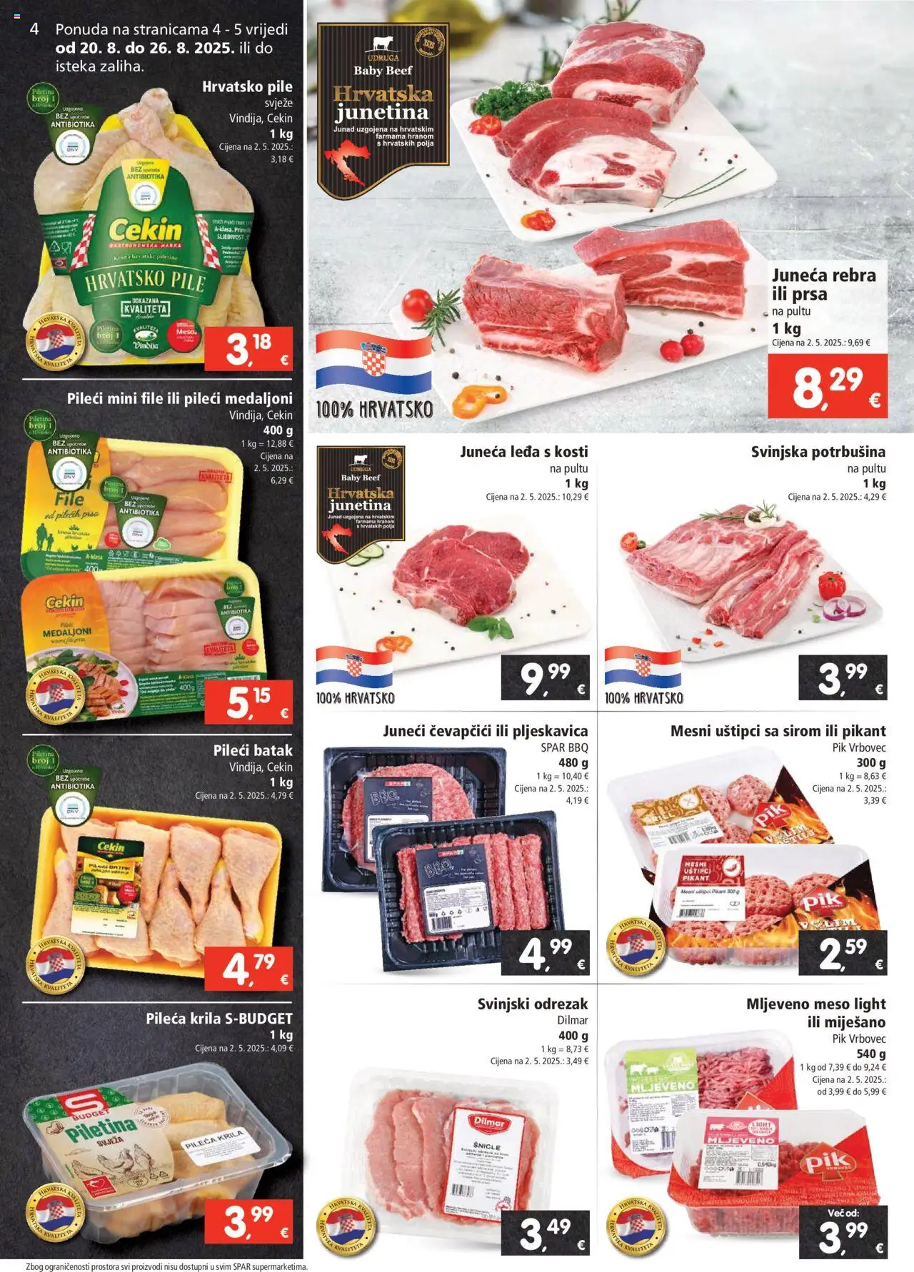 Spar katalog | vrijedi od 20.08.2025 | Stranica: 4 | Proizvodi: Pileća krila, Mljeveno meso, Pik Vrbovec, Ćevapčići