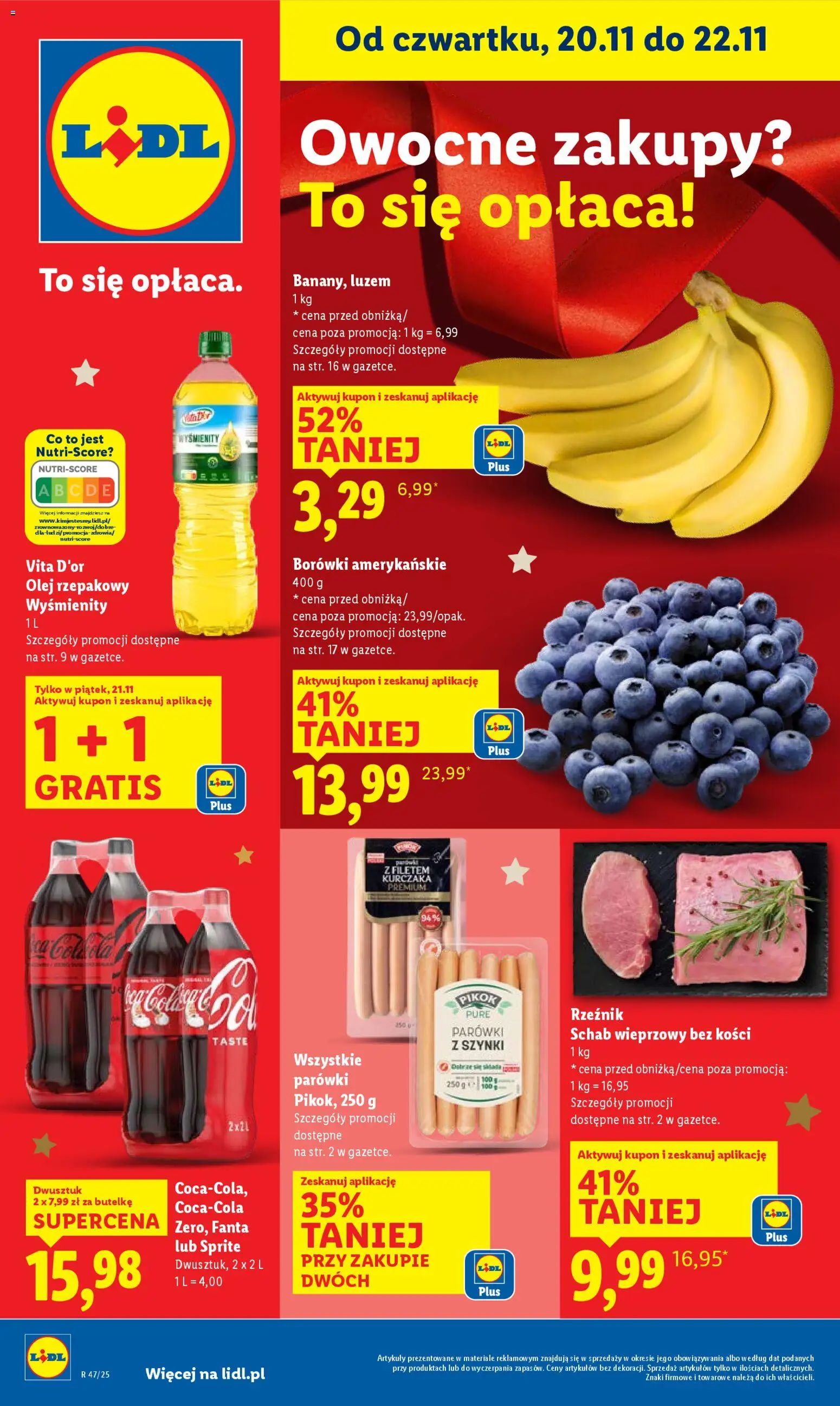 Lidl Gazetka od 20.11.2025 | Strona: 1 | Produkty: Schab wieprzowy, Schab wieprzowy bez kości, Parówki, Olej