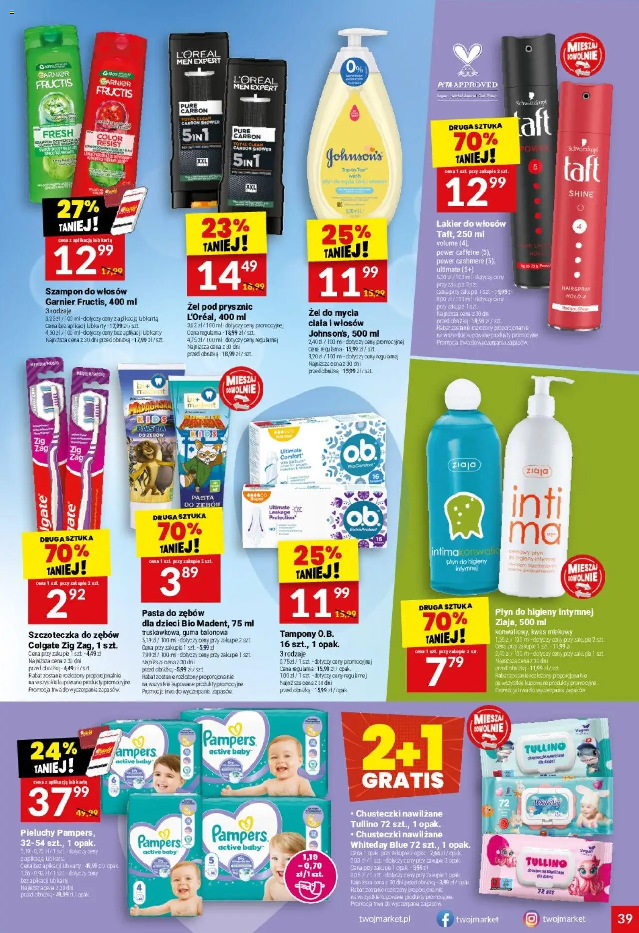 Twój Market Gazetka od 22.10.2025 | Strona: 39 | Produkty: Karta, Szampon, Lakier do włosów, Płyn do higieny intymnej