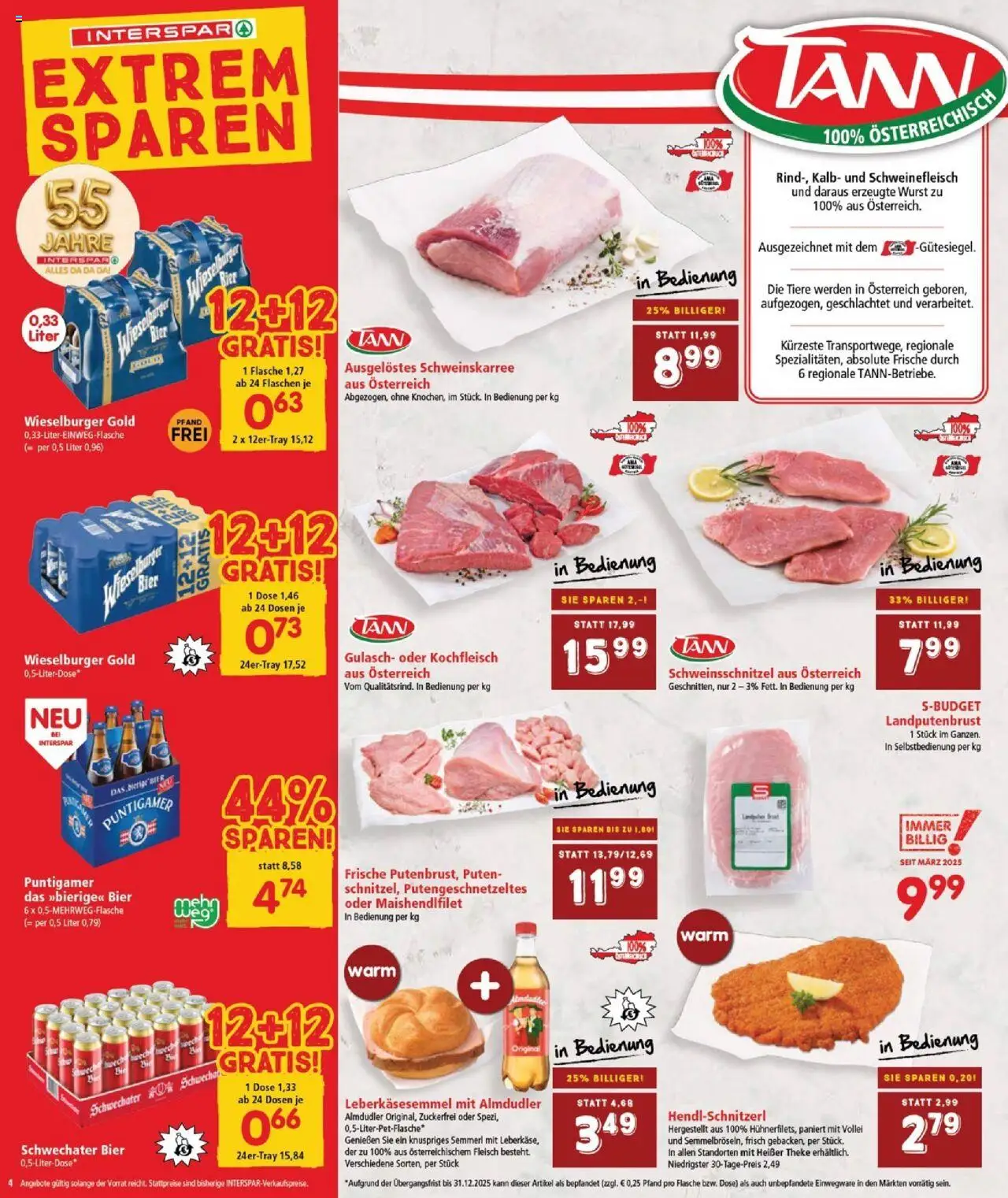 Interspar Flugblatt - Burgenland Nord gültig ab 11.09.2025 | Seite: 4 | Produkte: Wurst, Bier, Schweinefleisch