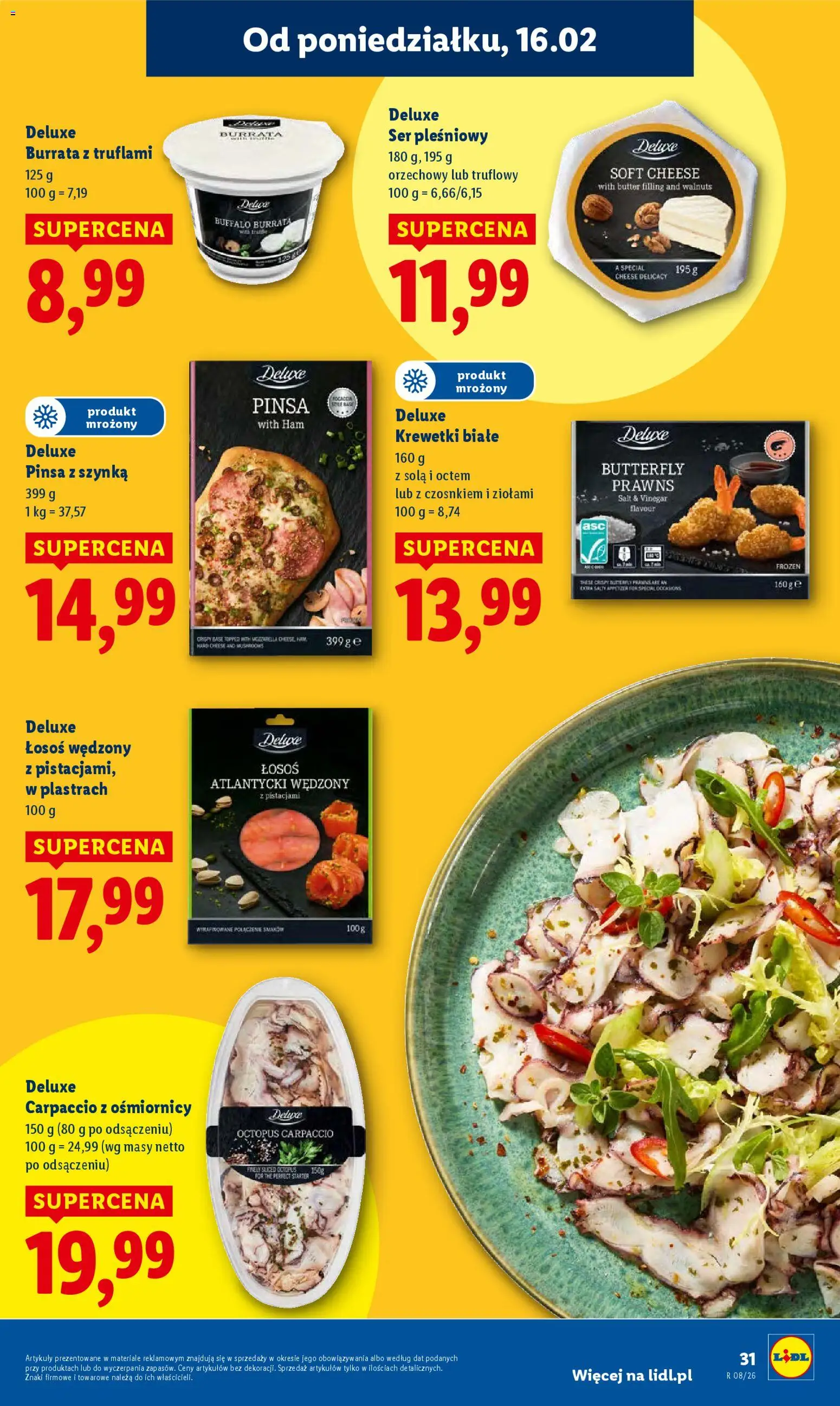Lidl Gazetka od 16.02.2026 | Strona: 31 | Produkty: Łosoś, Krewetki białe, Losoś w plastrach, Pinsa