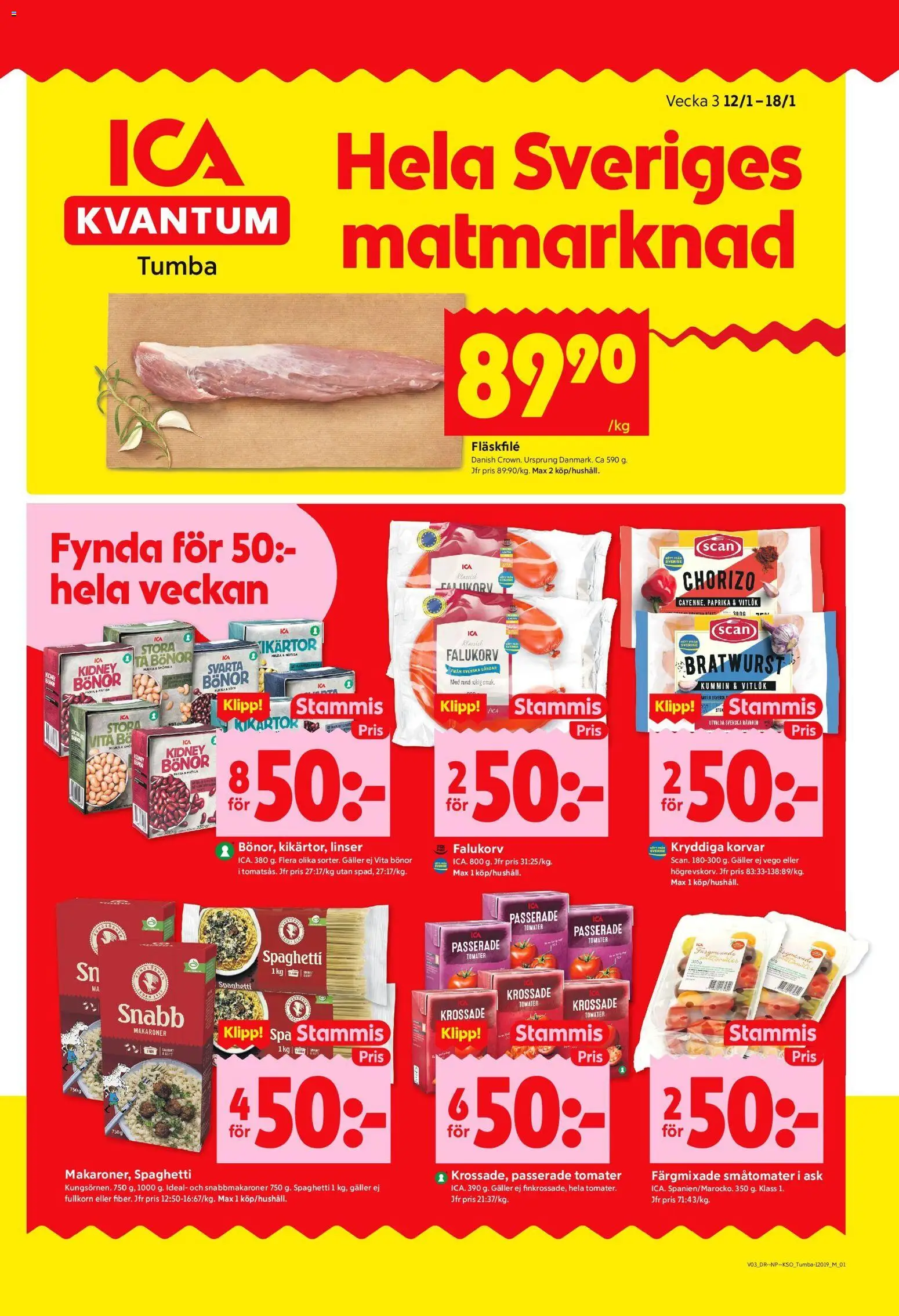 ICA Kvantum reklamblad aktuell från 12.01.2026 | Sida: 1 | Produkter: Galler, Falukorv, Makaroner, Bönor