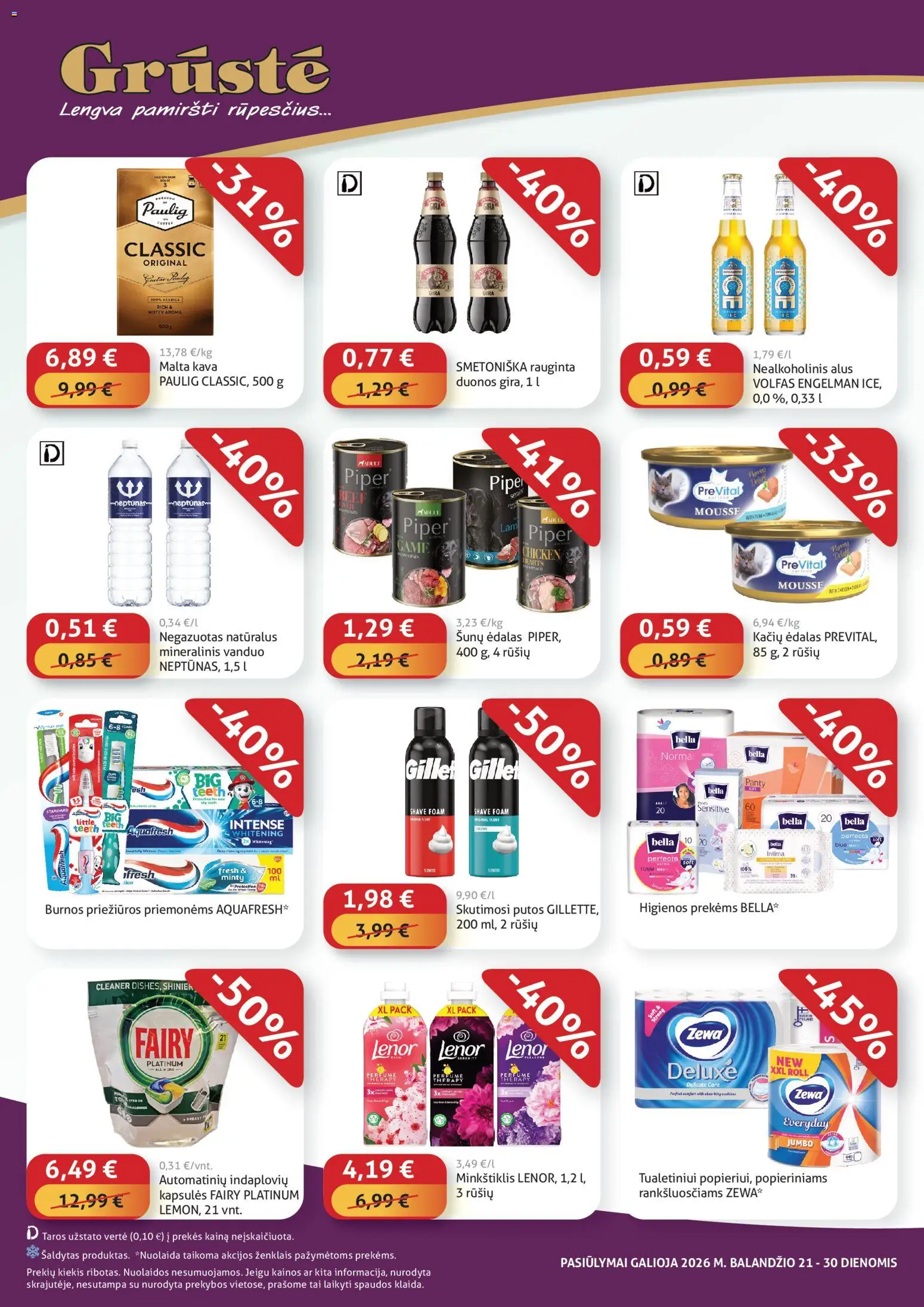 GRUSTE akcijos nuo 21.04.2026 | Puslapis: 4 | Prekių: Nealkoholinis alus, Skutimosi putos, Kava, Mineralinis vanduo