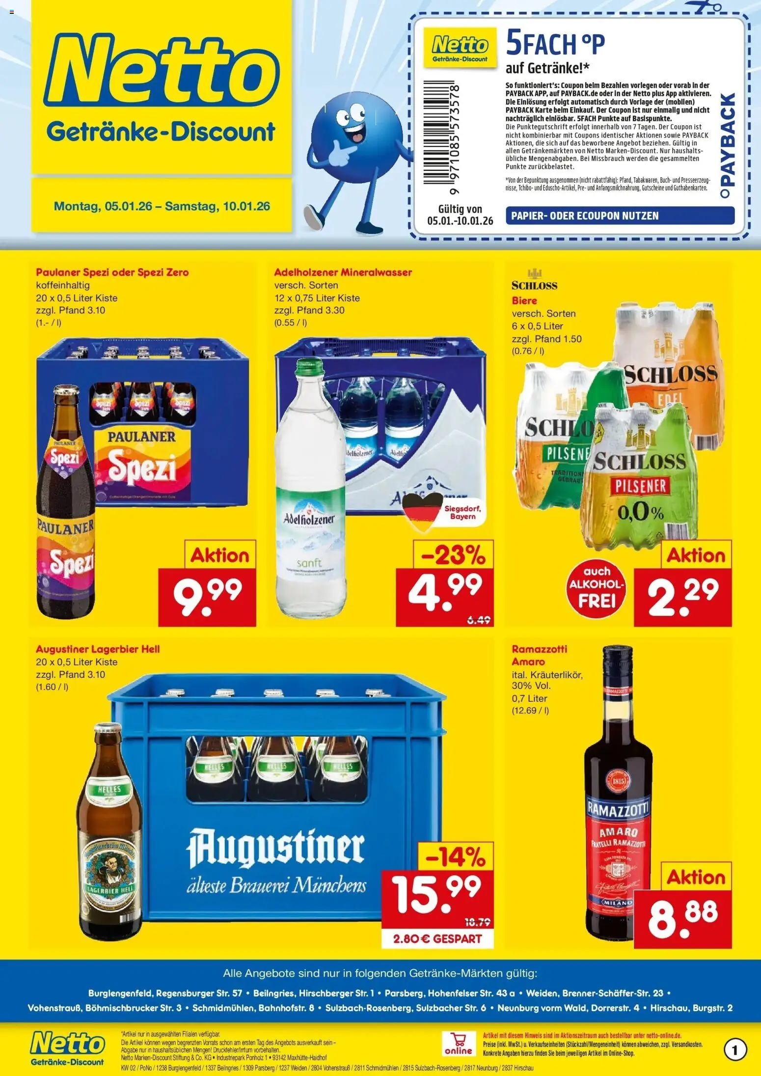 Netto Marken-Discount prospekt Drebkau	 – gültig ab 05.01.2026 | Seite: 1 | Produkte: Paulaner spezi, Adelholzener, Mineralwasser, Ramazzotti