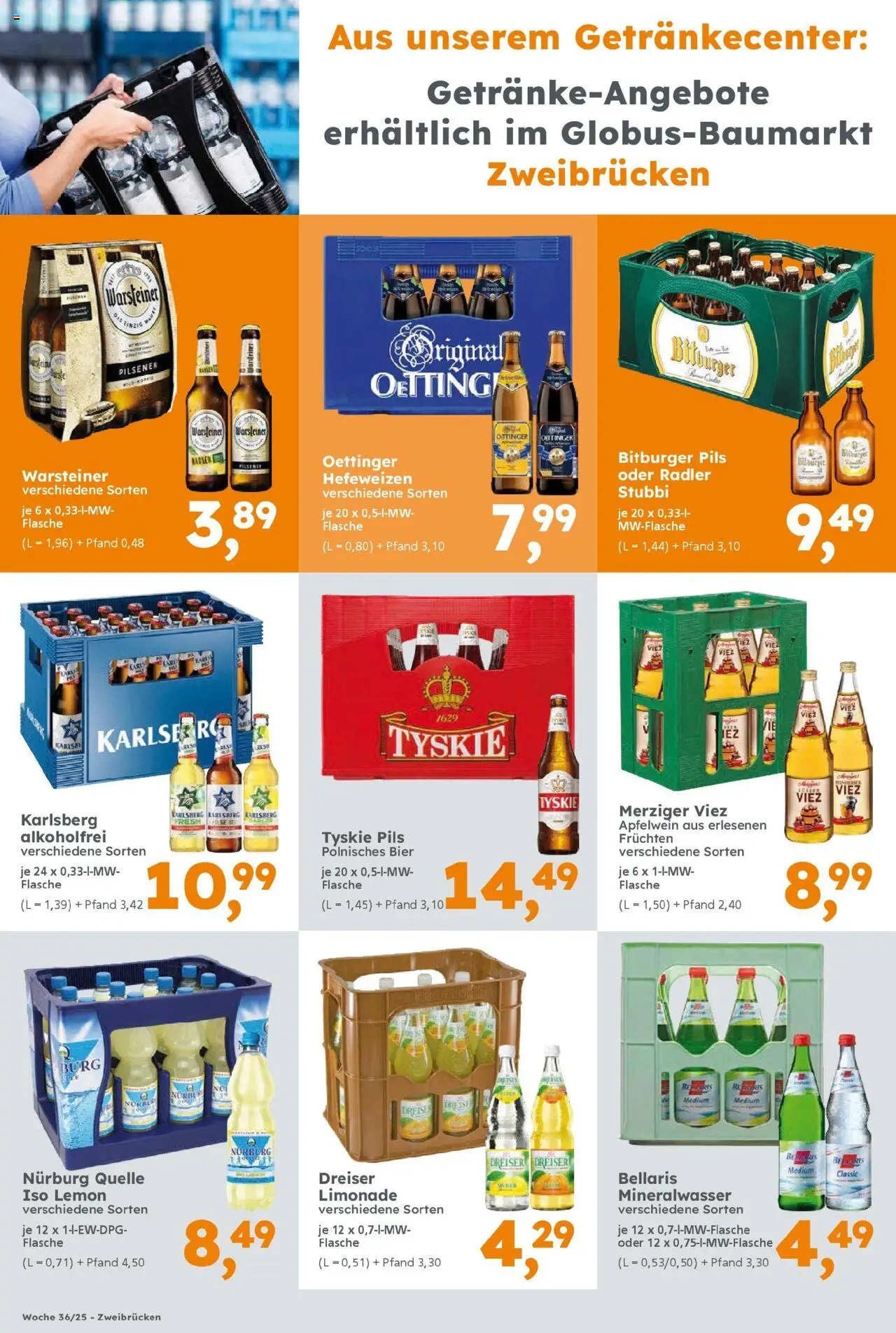 Globus Baumarkt prospekt Zweibrücken	 – gültig ab 31.08.2025 | Seite: 16 | Produkte: Bitburger, Tyskie, Oettinger, Mineralwasser