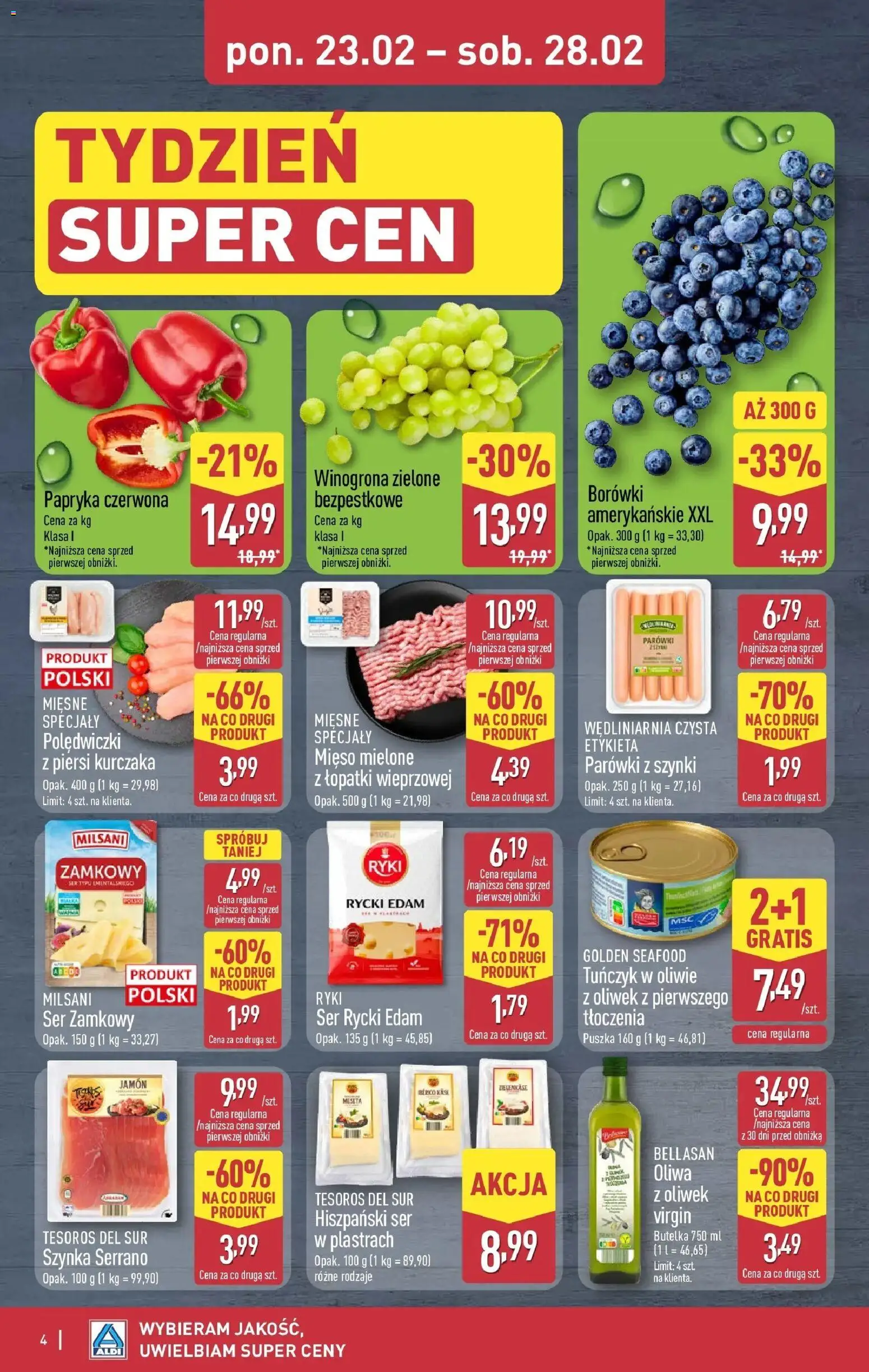Aldi Gazetka - Okazje na weekend od 26.02.2026 | Strona: 4 | Produkty: Winogrona, Parówki z szynki, Tuńczyk, Szynka serrano