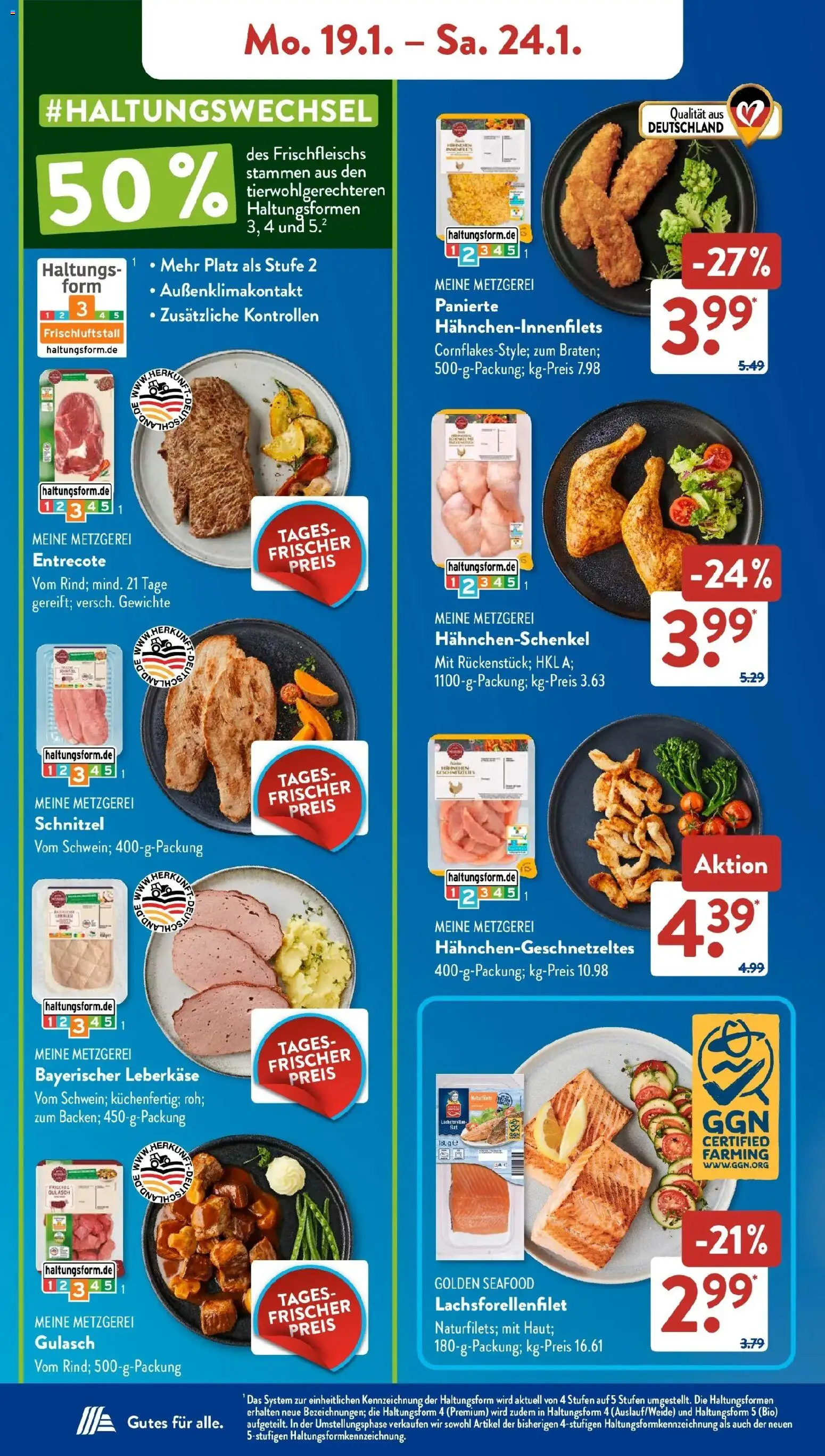 Aldi Süd Prospekt 	 – gültig ab 19.01.2026 | Seite: 6 | Produkte: Hahnchenschenkel, Entrecote, Schnitzel, Gulasch