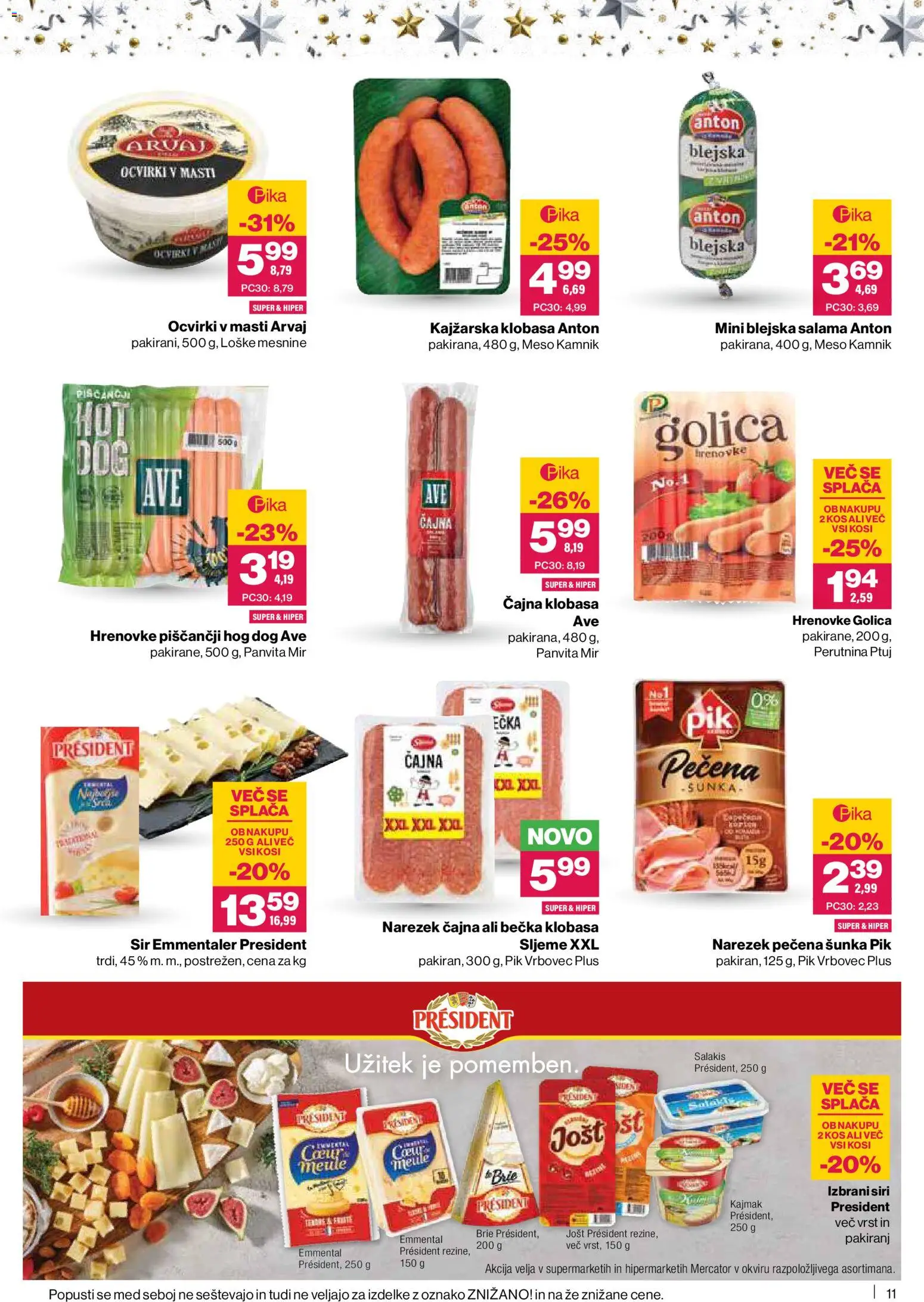 Novi Mercator katalog ponudbe – veljaven od 11.12.2025 | Stran: 11 | Izdelki: Hrenovke, Kajmak, Sir, Sunka