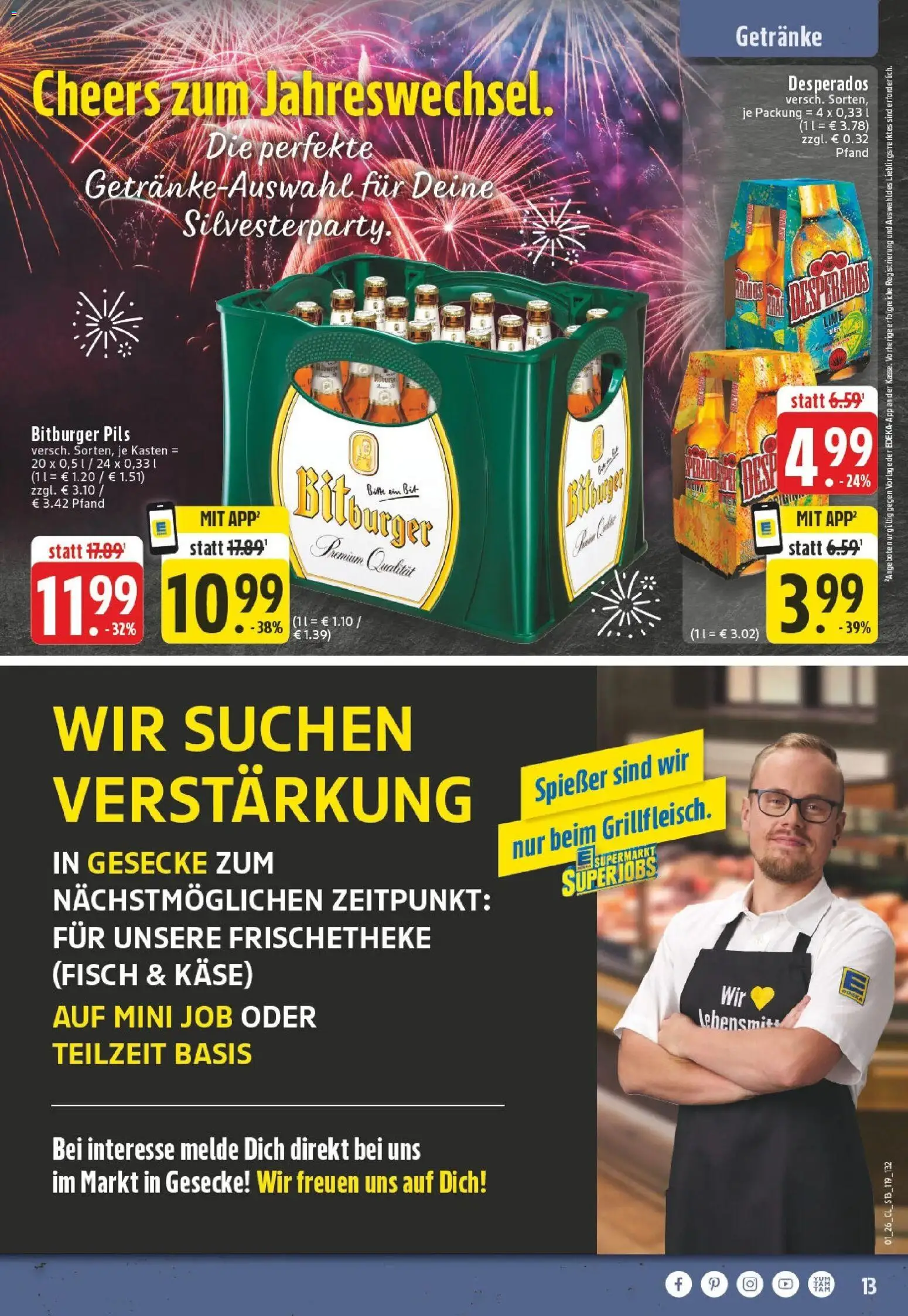 Edeka prospekt Geseke	 – gültig ab 28.12.2025 | Seite: 13 | Produkte: Käse, Pils, Fisch, Desperados